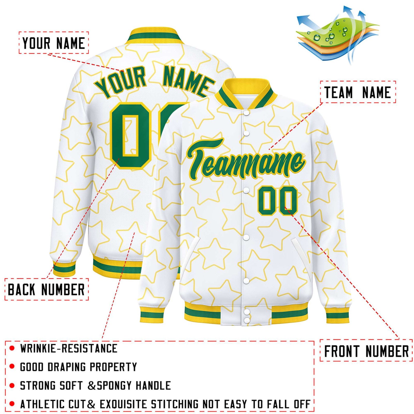 Custom White Gold Varsity Full-Snap Star Pattern Letterman Baseball Jacket