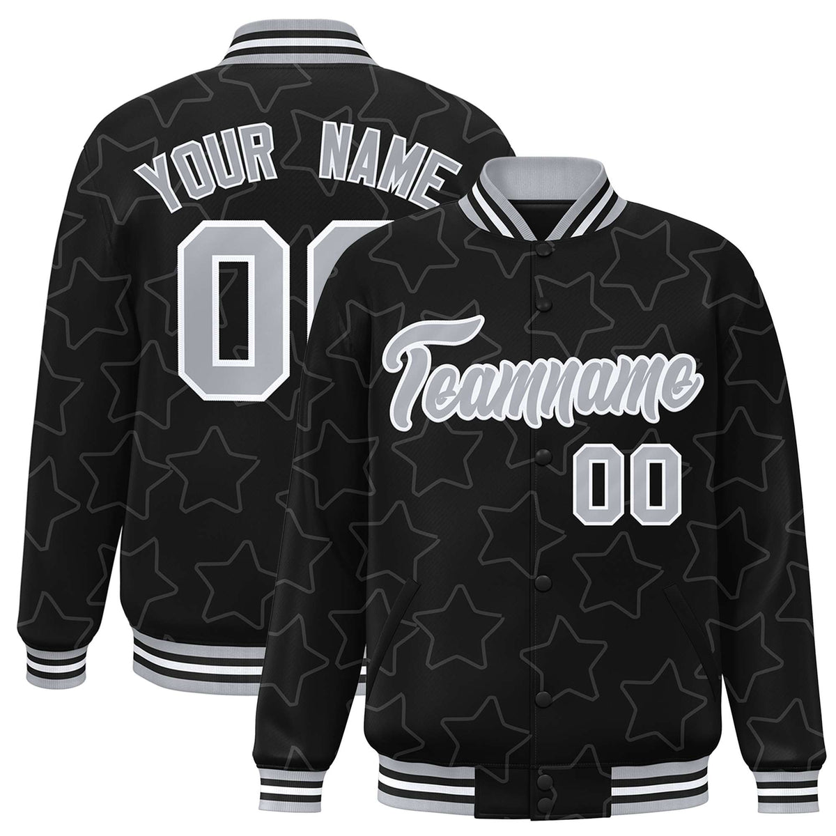 Custom Black Gray Varsity Full-Snap Star Pattern Letterman Baseball Jacket