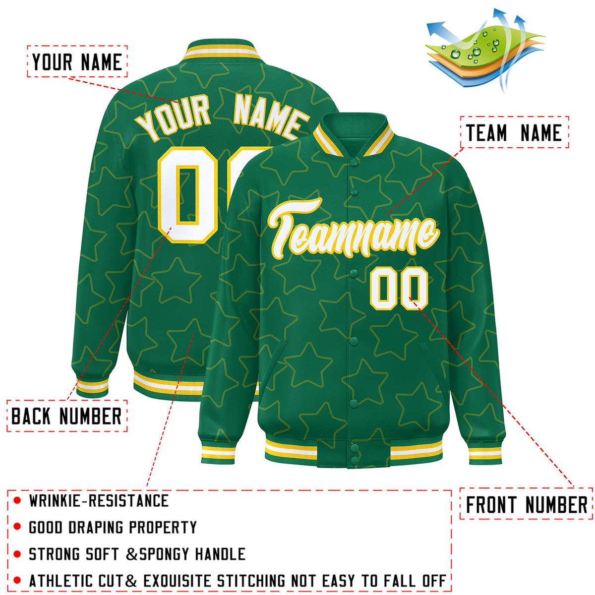 Custom Kelly Green Gold Varsity Full-Snap Star Pattern Letterman Baseball Jacket