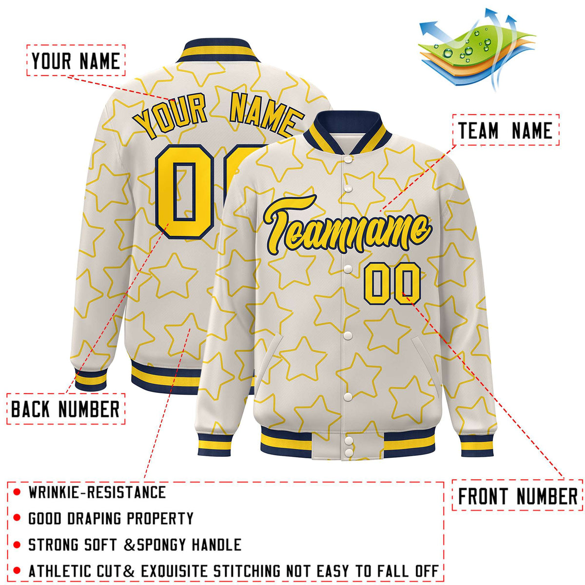 Custom Cream Gold Varsity Full-Snap Star Pattern Letterman Baseball Jacket