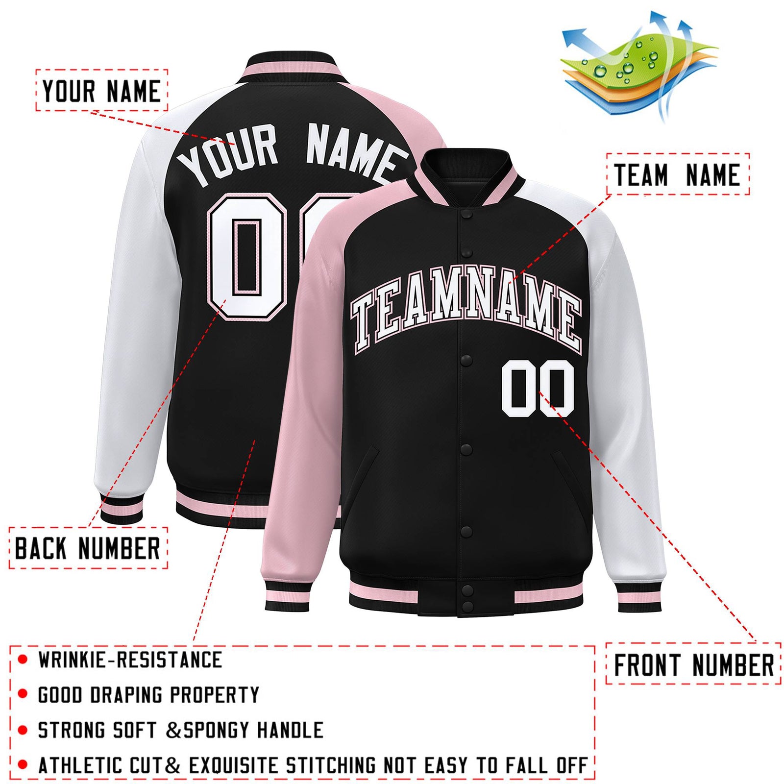 Custom Black White-Light Pink Varsity Full-Snap Authentic Raglan Sleeves Letterman Bomber Jacket