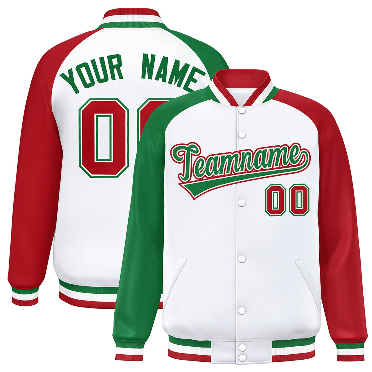Custom White Red-Kelly Green Varsity Full-Snap Authentic Raglan Sleeves Letterman Bomber Jacket