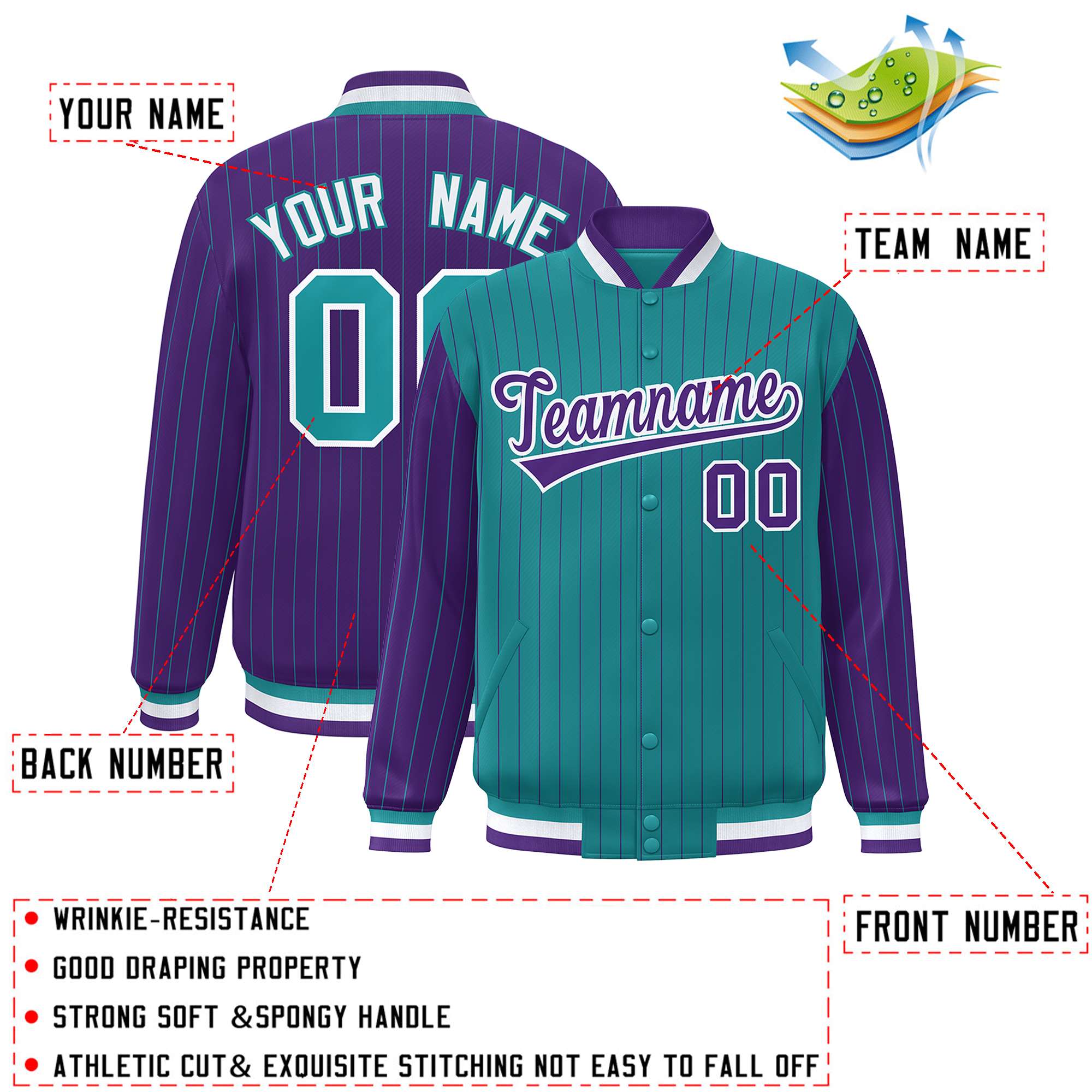 Custom Aqua Purple Raglan Sleeves Varsity Full-Snap Pinstripe Letterman Baseball Jacket