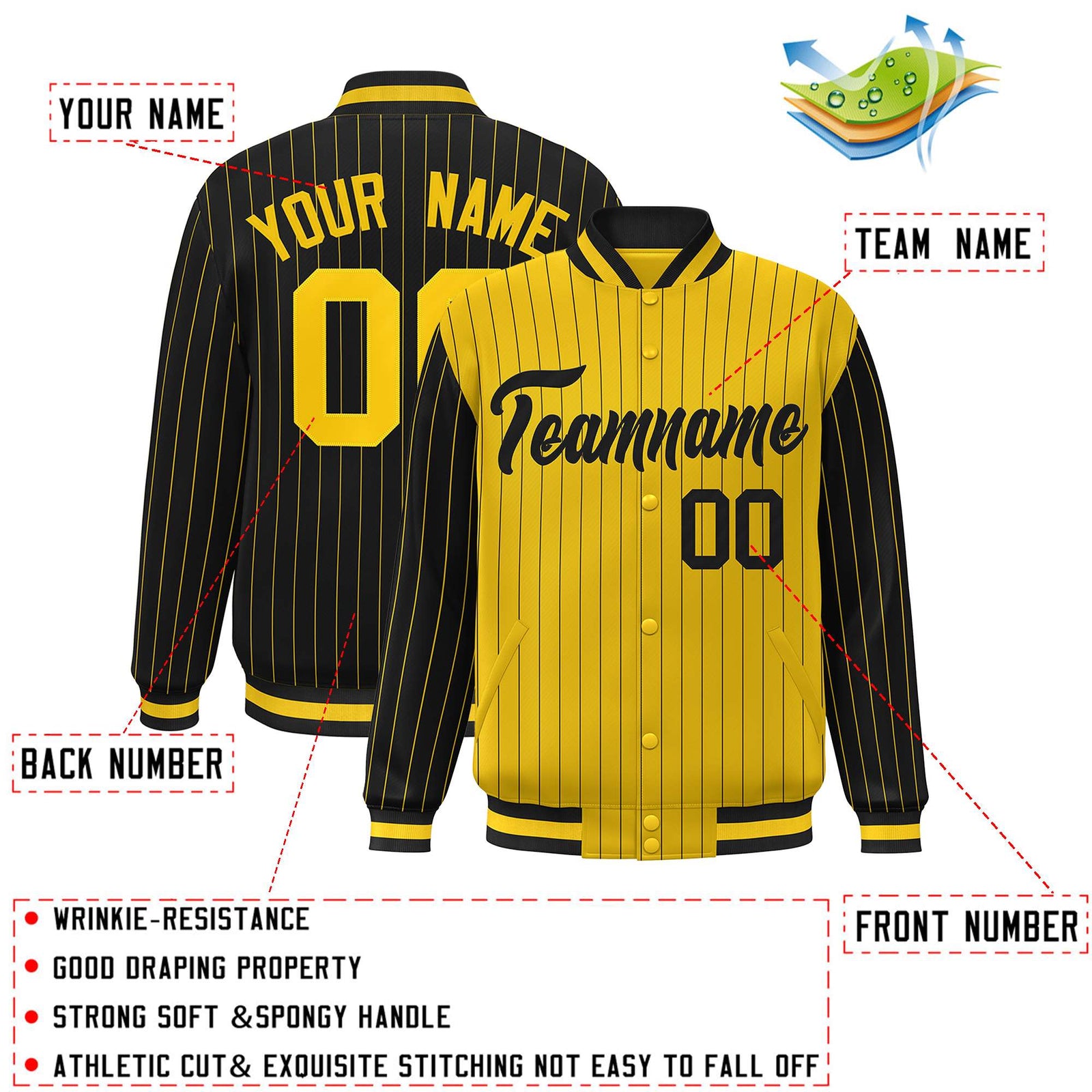 Custom Gold Black Raglan Sleeves Varsity Full-Snap Pinstripe Letterman Baseball Jacket