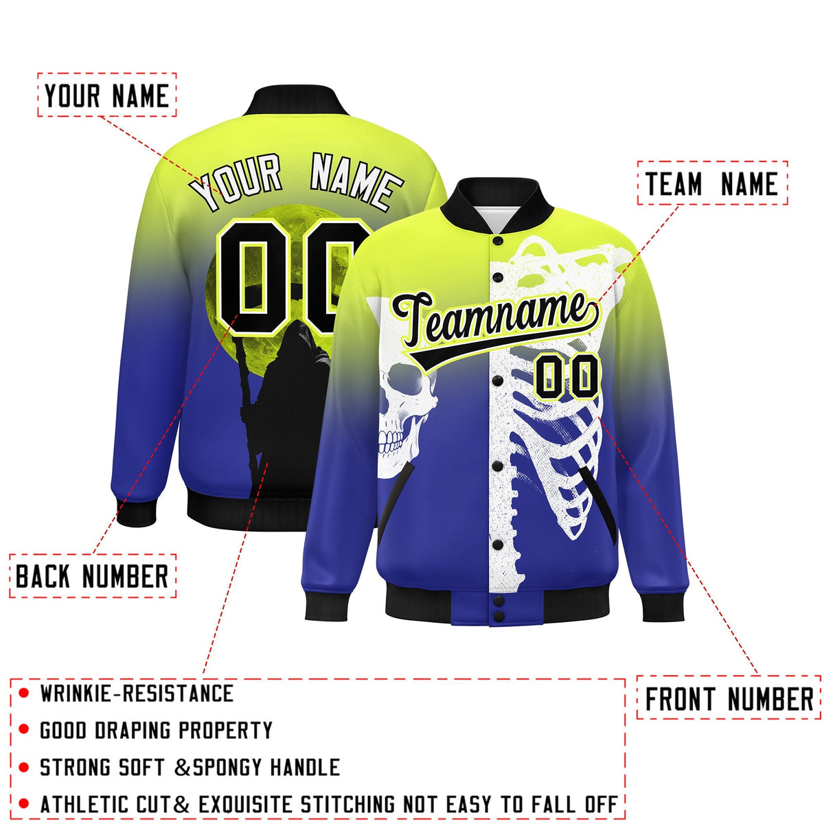 Custom Fluorescent Green Royal Black skeleton Halloween Graffiti Pattern Moisture-Wicking Jacket| KXKSHOP