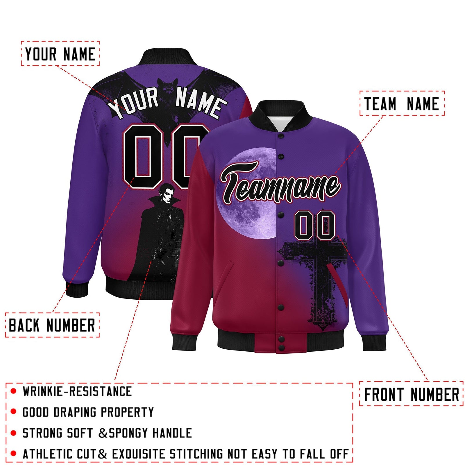 Custom Purple Cardinal Black skeleton Halloween Graffiti Pattern Moisture-Wicking Jacket| KXKSHOP