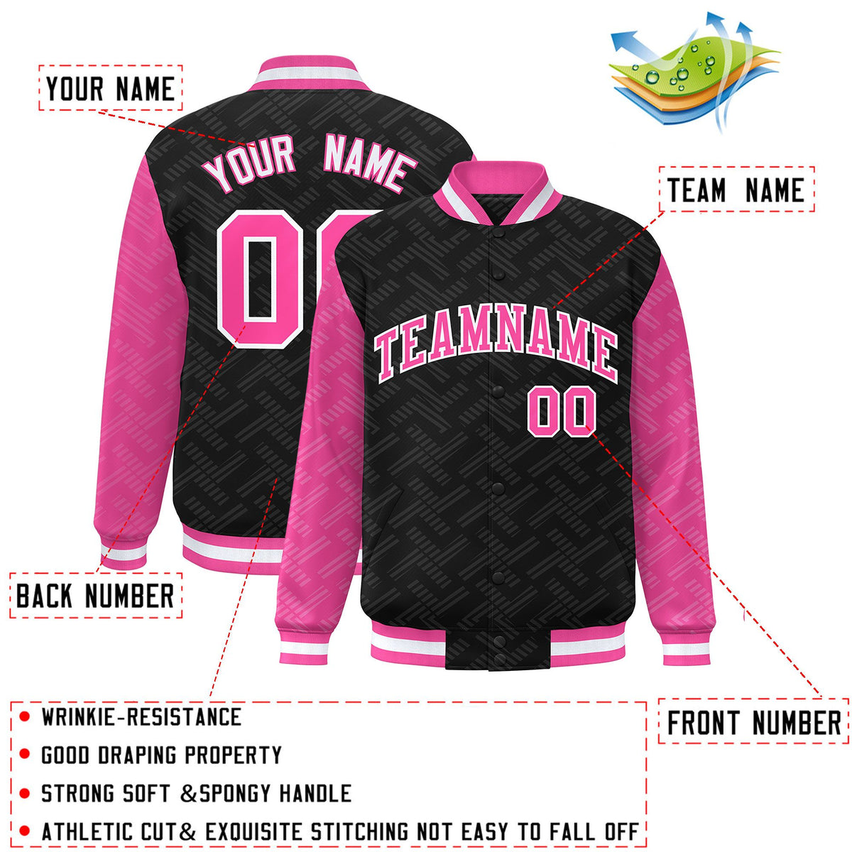 Custom Black Pink L Pattern Varsity Raglan Sleeves Full-Snap Letterman Baseball Jacket