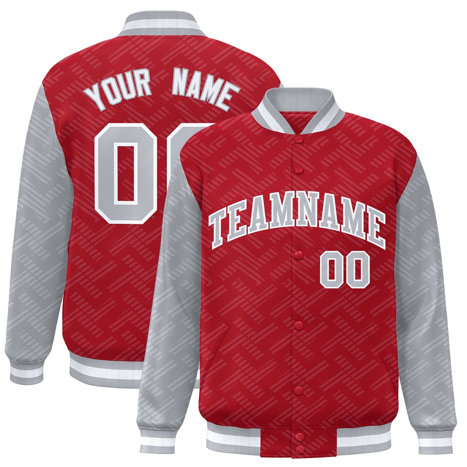 Custom Red Gray L Pattern Varsity Raglan Sleeves Full-Snap Letterman Baseball Jacket