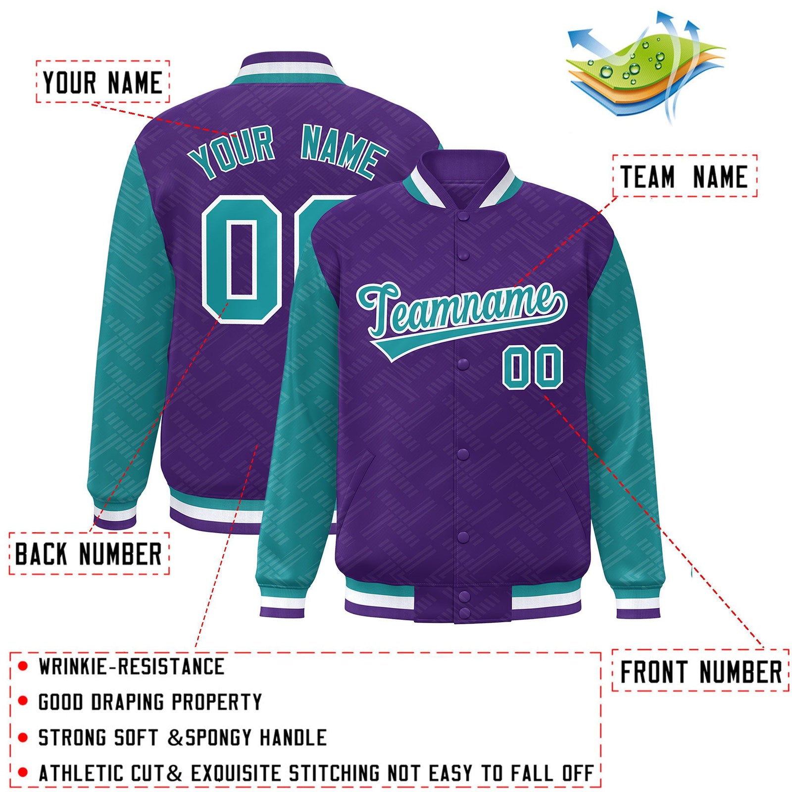 Custom Purple Aqua L Pattern Varsity Raglan Sleeves Full-Snap Letterman Baseball Jacket