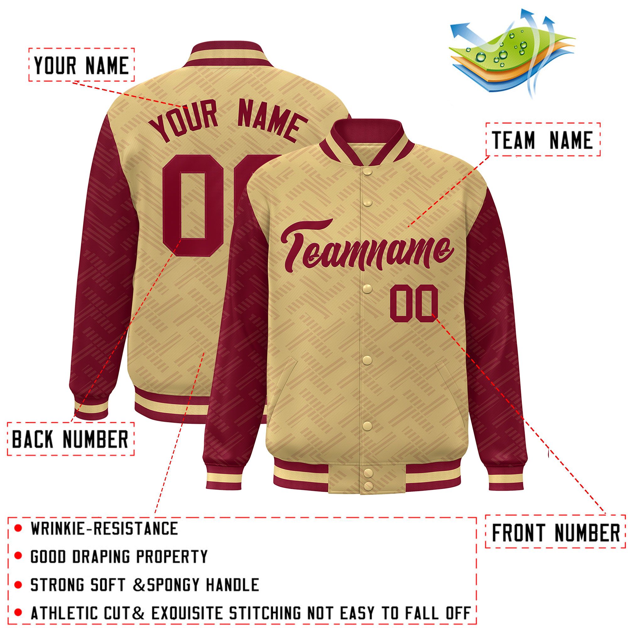 Custom Khaki Crimson L Pattern Varsity Raglan Sleeves Full-Snap Letterman Baseball Jacket