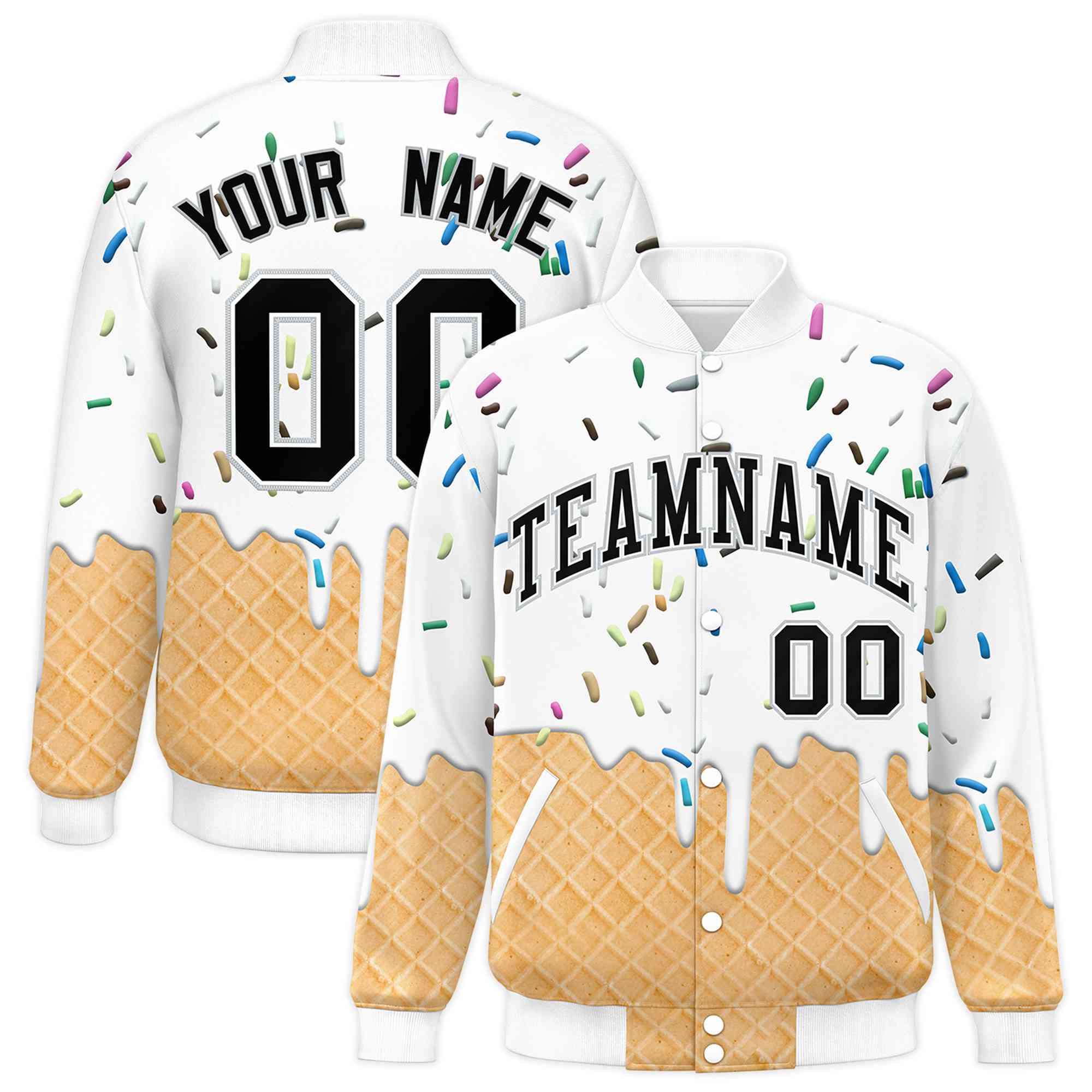 Custom White Ice Cream Cone Graffiti Pattern Full-Snap Varsity Letterman Jackets
