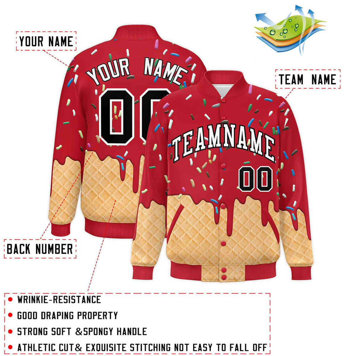 Custom Red Ice Cream Cone Graffiti Pattern Full-Snap Varsity Letterman Jackets