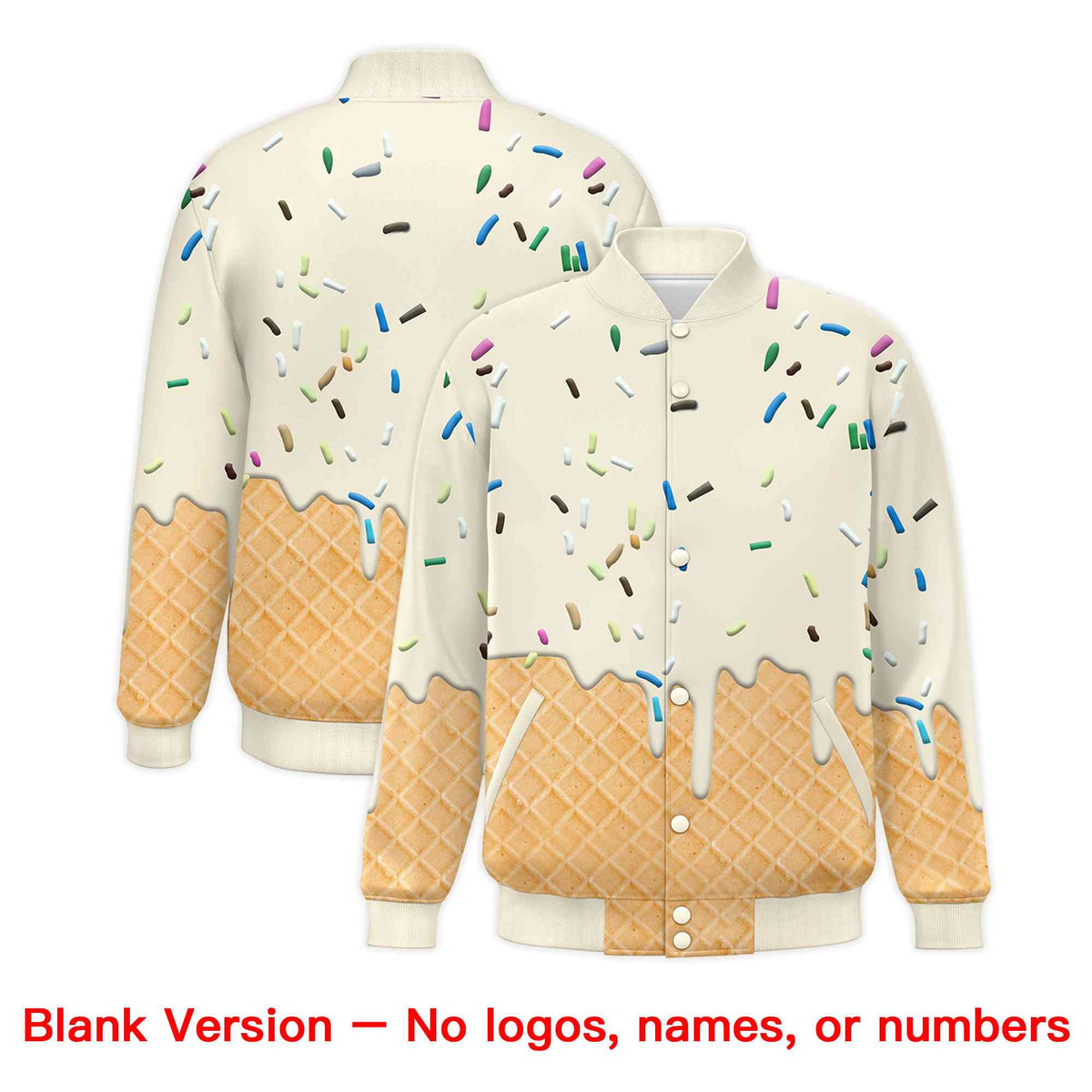 Custom Cream Ice Cream Cone Graffiti Pattern Full-Snap Varsity Letterman Jackets
