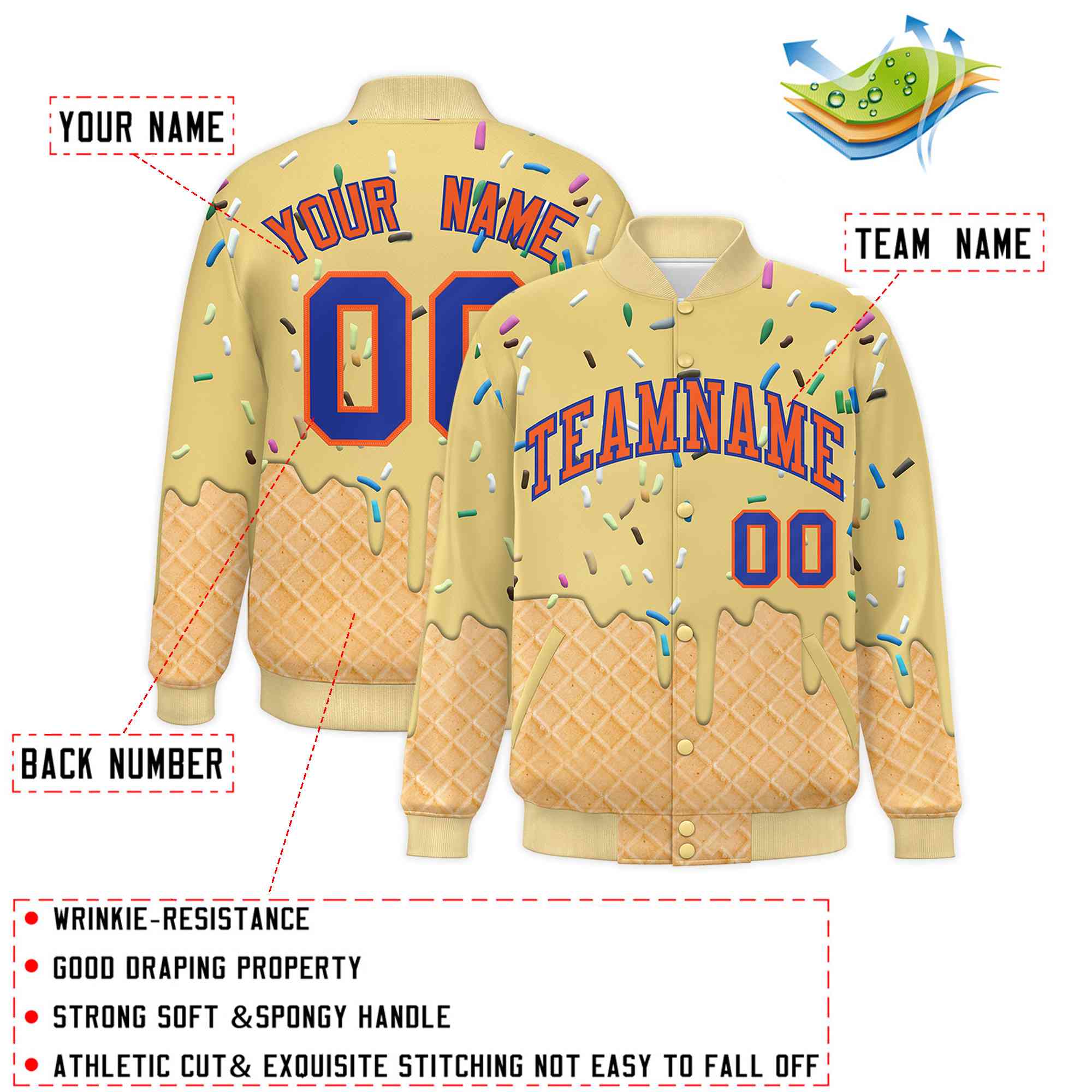 Custom Khaki Ice Cream Cone Graffiti Pattern Full-Snap Varsity Letterman Jackets