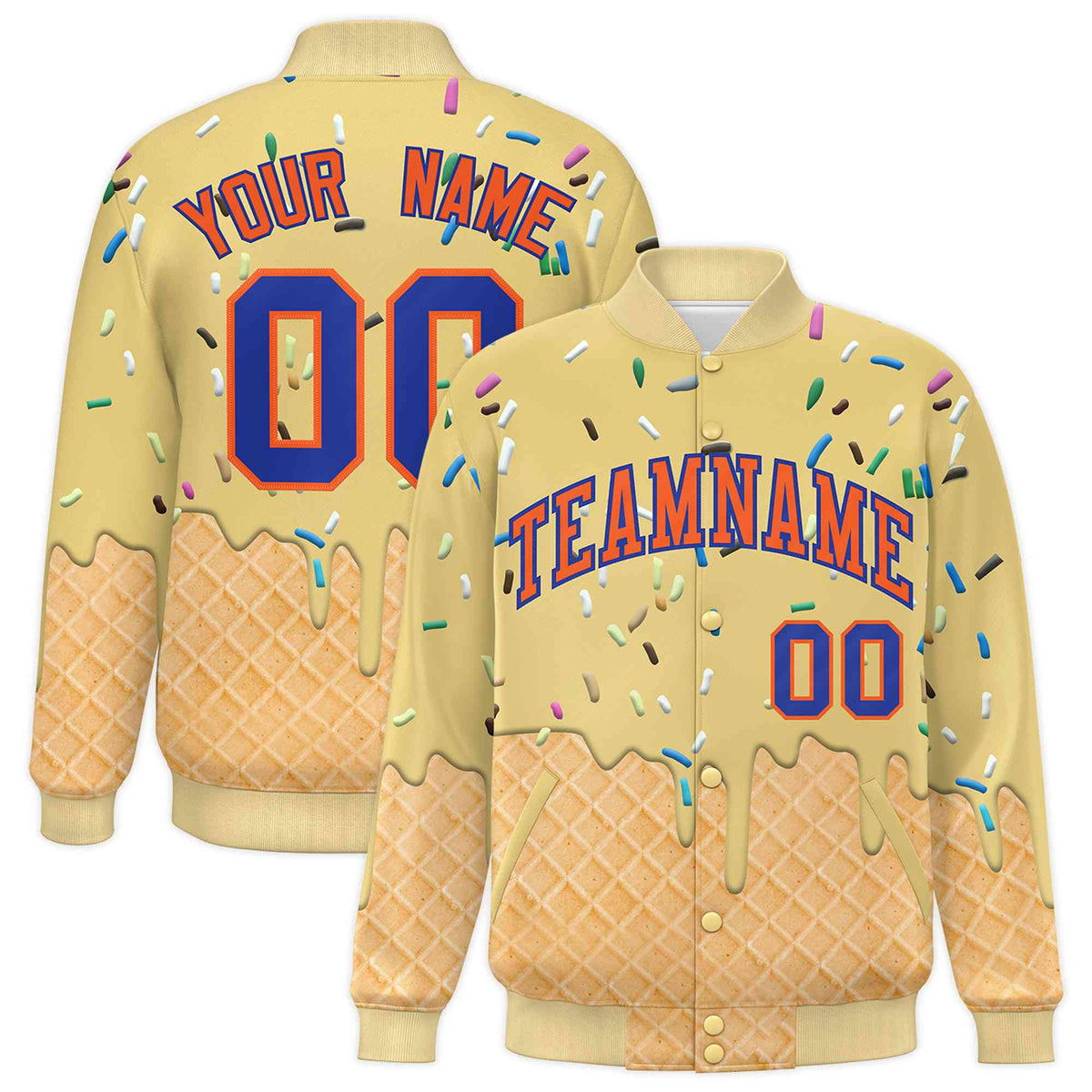 Custom Khaki Ice Cream Cone Graffiti Pattern Full-Snap Varsity Letterman Jackets
