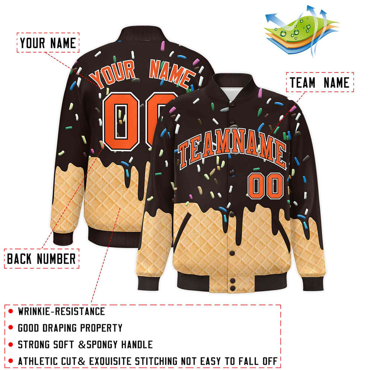 Custom Brown Ice Cream Cone Graffiti Pattern Full-Snap Varsity Letterman Jackets