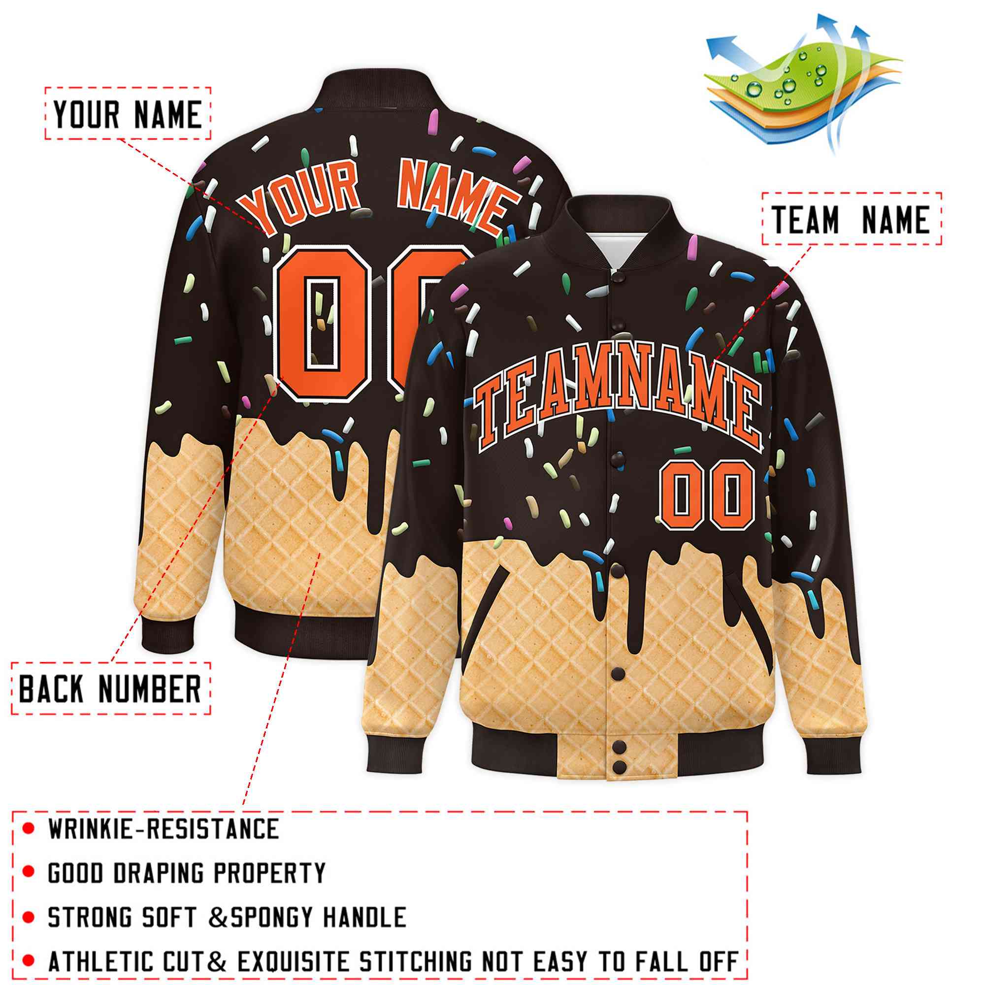 Custom Brown Ice Cream Cone Graffiti Pattern Full-Snap Varsity Letterman Jackets