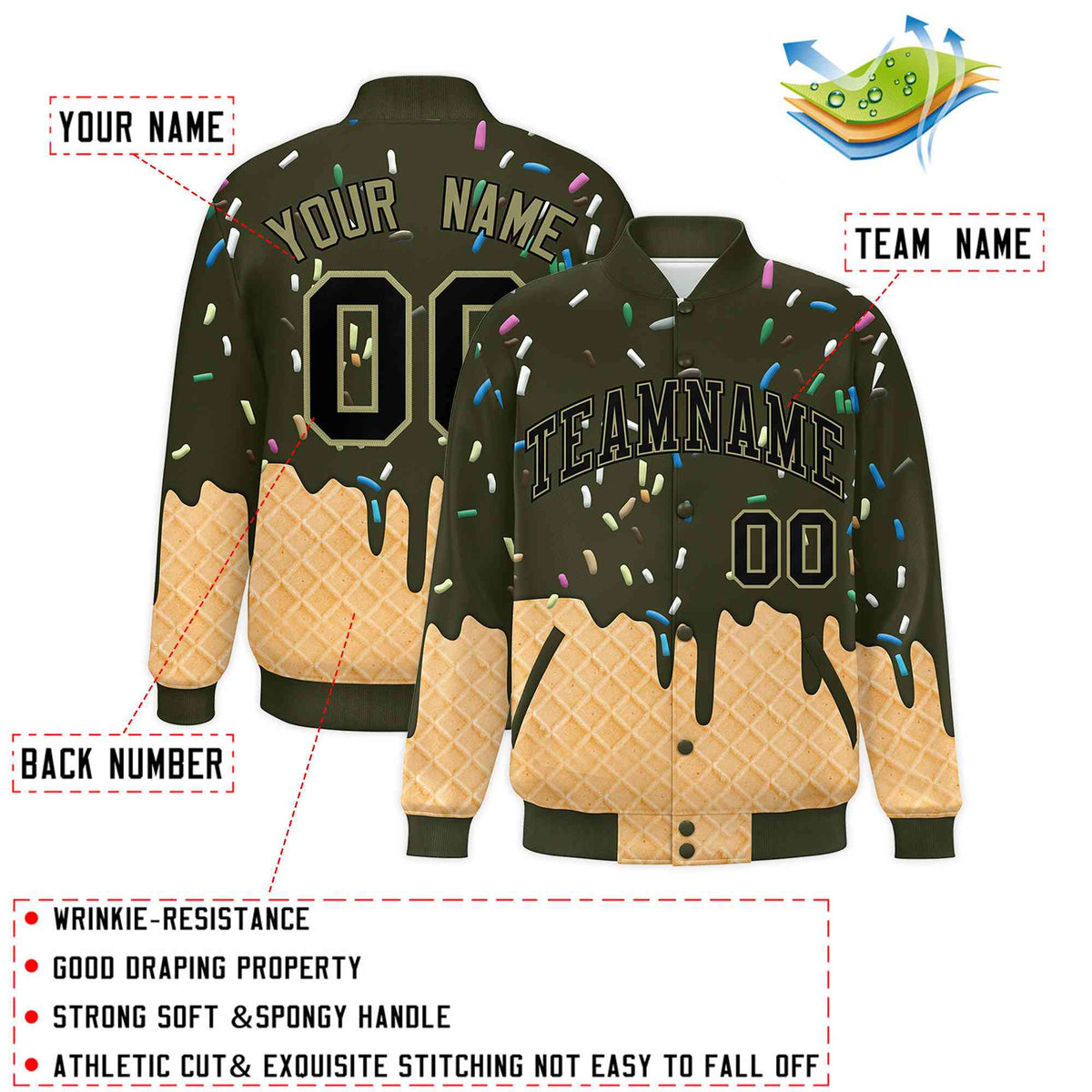 Custom Olive Ice Cream Cone Graffiti Pattern Full-Snap Varsity Letterman Jackets