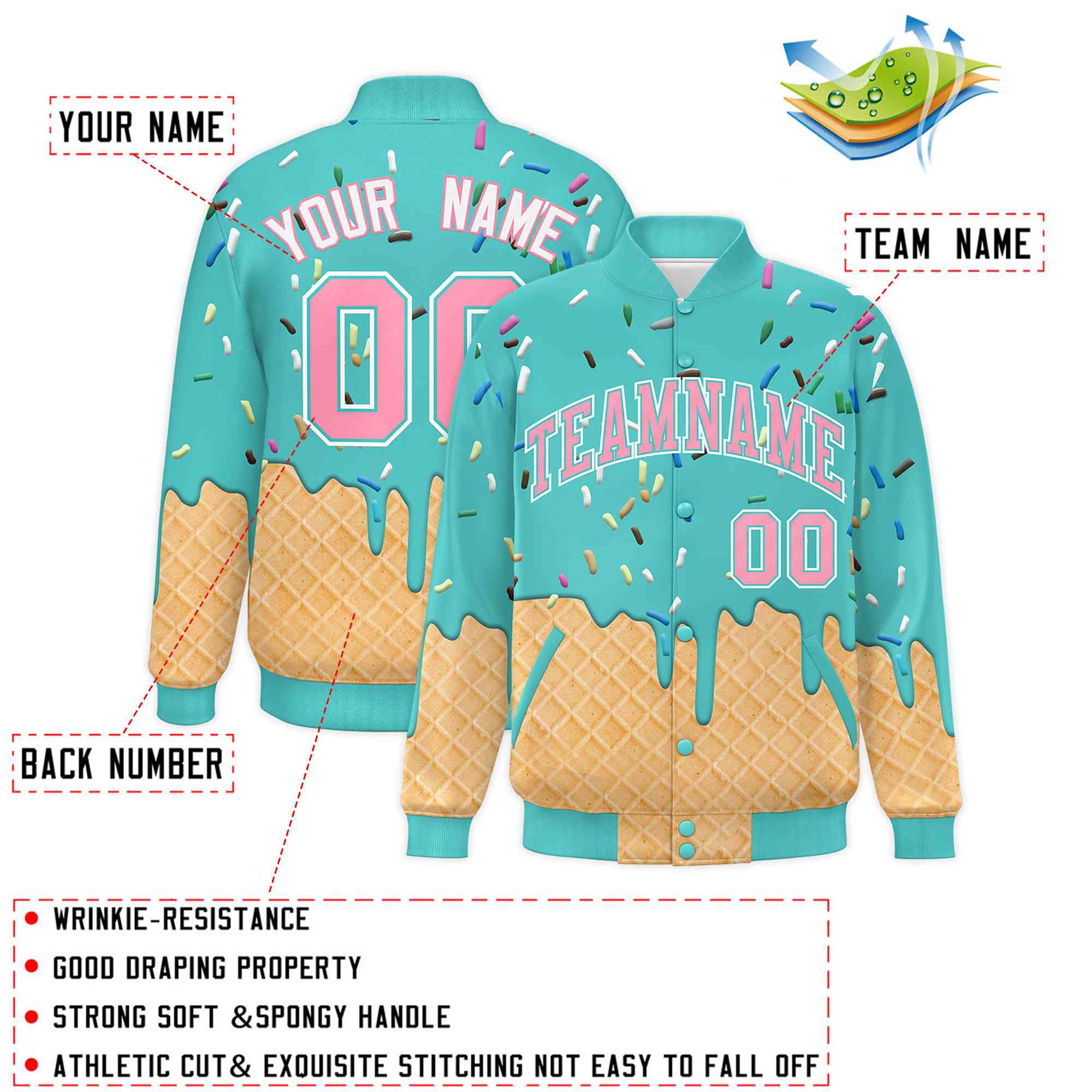 Custom Teal Ice Cream Cone Graffiti Pattern Full-Snap Varsity Letterman Jackets