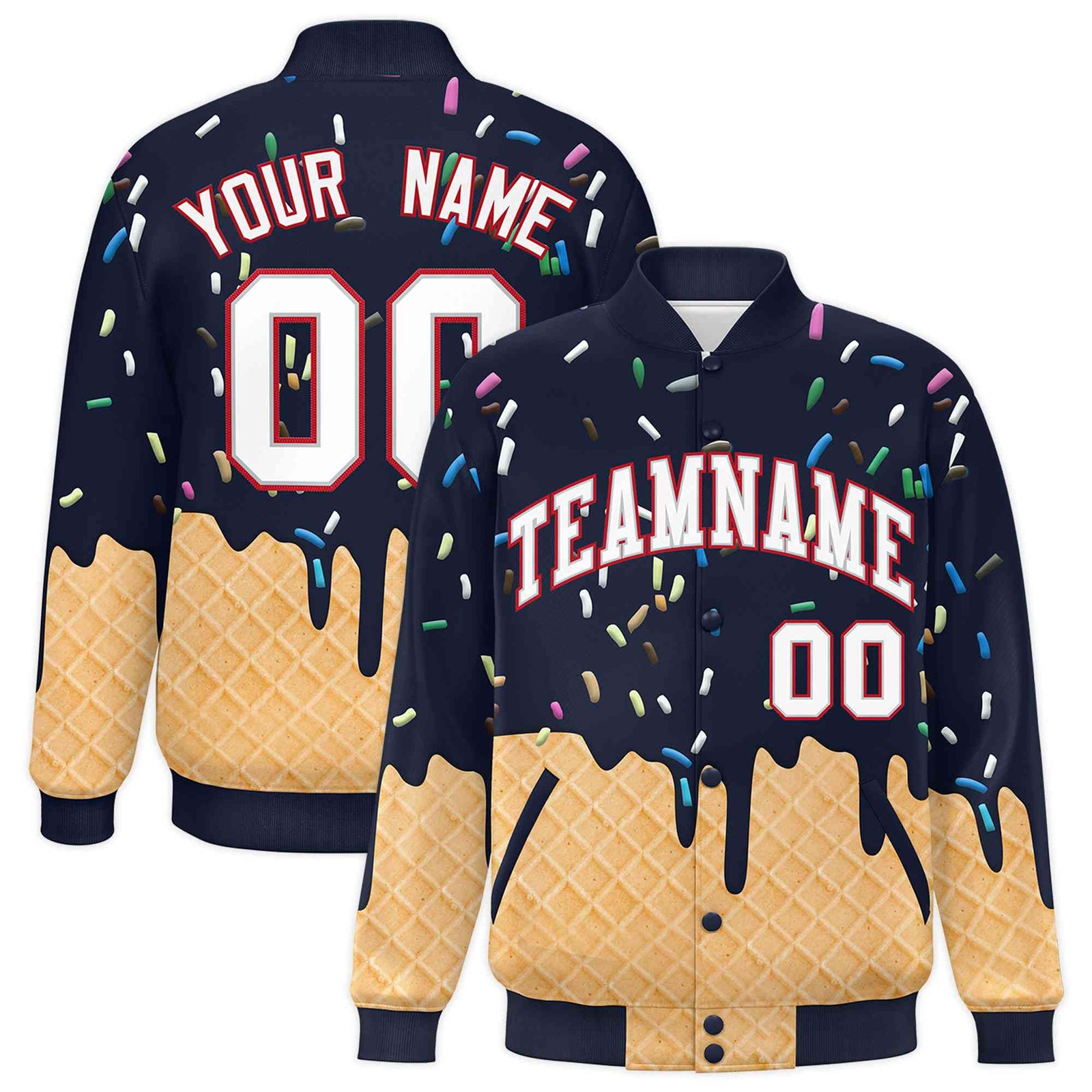 Custom Navy Ice Cream Cone Graffiti Pattern Full-Snap Varsity Letterman Jackets