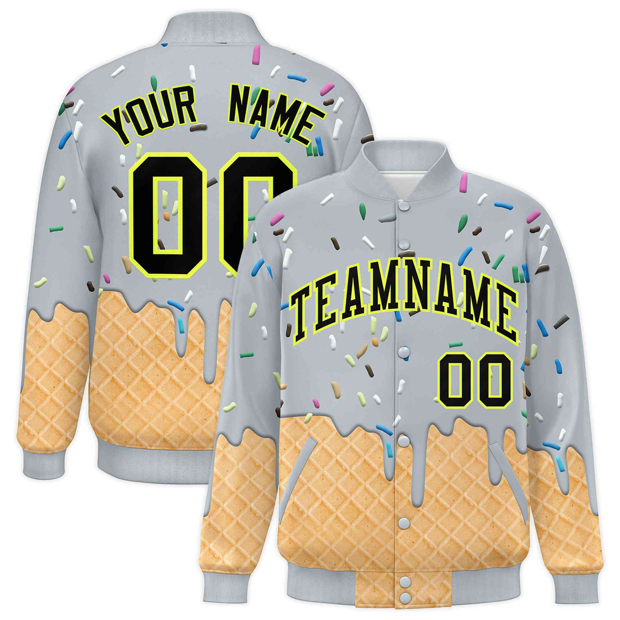 Custom Silver Ice Cream Cone Graffiti Pattern Full-Snap Varsity Letterman Jackets