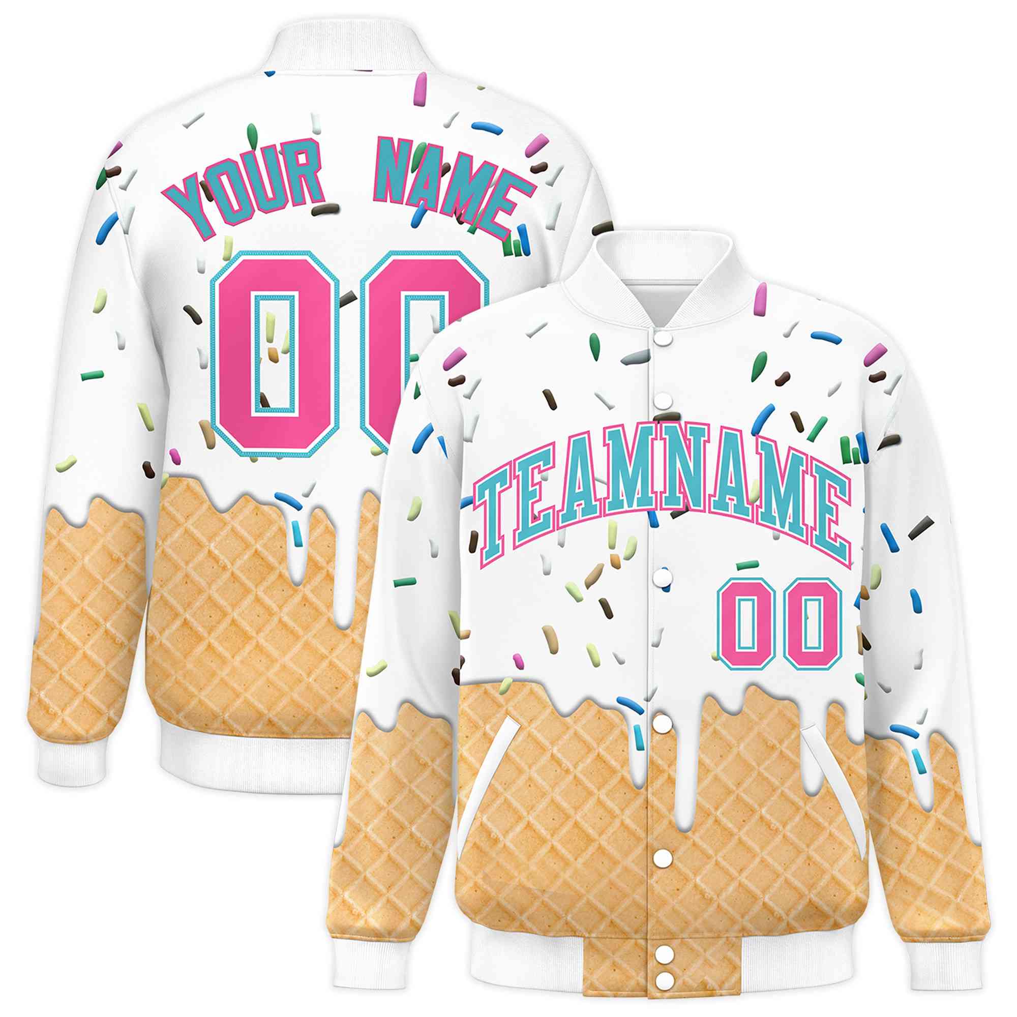 Custom White Ice Cream Cone Graffiti Pattern Full-Snap Varsity Letterman Jackets