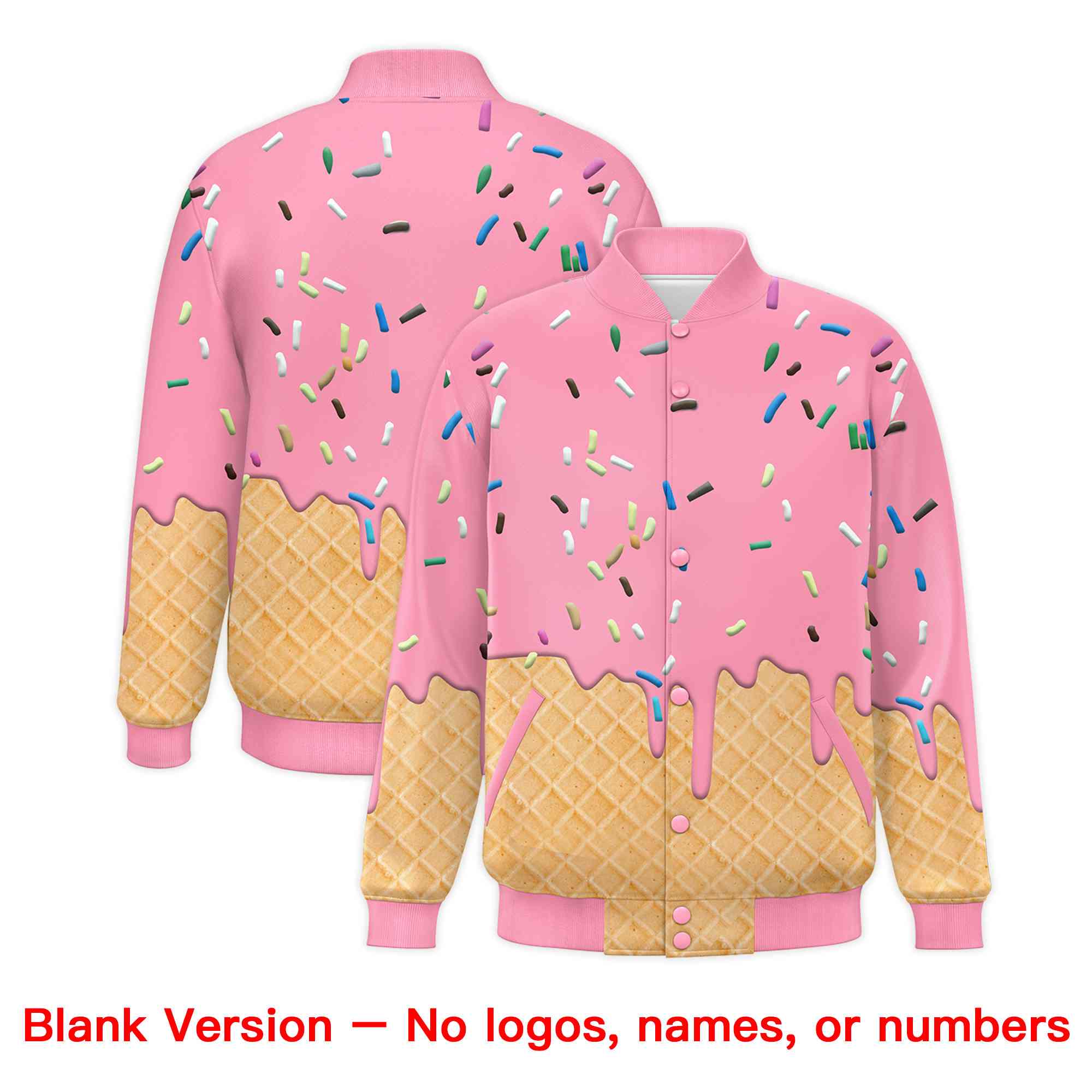 Custom Light Pink Ice Cream Cone Graffiti Pattern Full-Snap Varsity Letterman Jackets