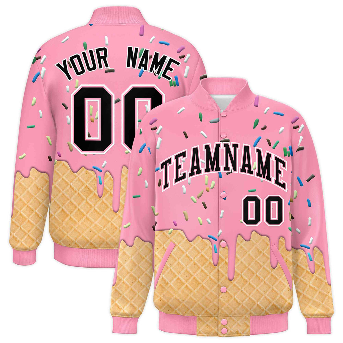 Custom Light Pink Ice Cream Cone Graffiti Pattern Full-Snap Varsity Letterman Jackets