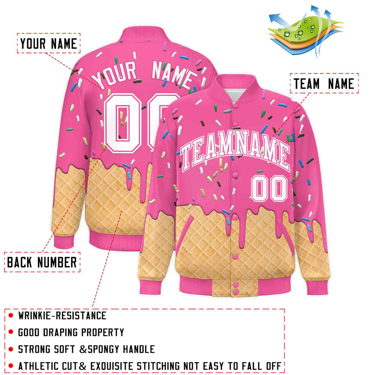 Custom Pink Ice Cream Cone Graffiti Pattern Full-Snap Varsity Letterman Jackets
