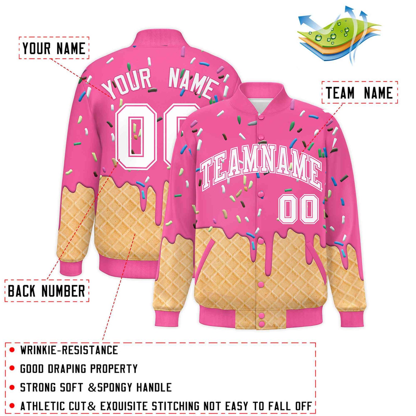Custom Pink Ice Cream Cone Graffiti Pattern Full-Snap Varsity Letterman Jackets