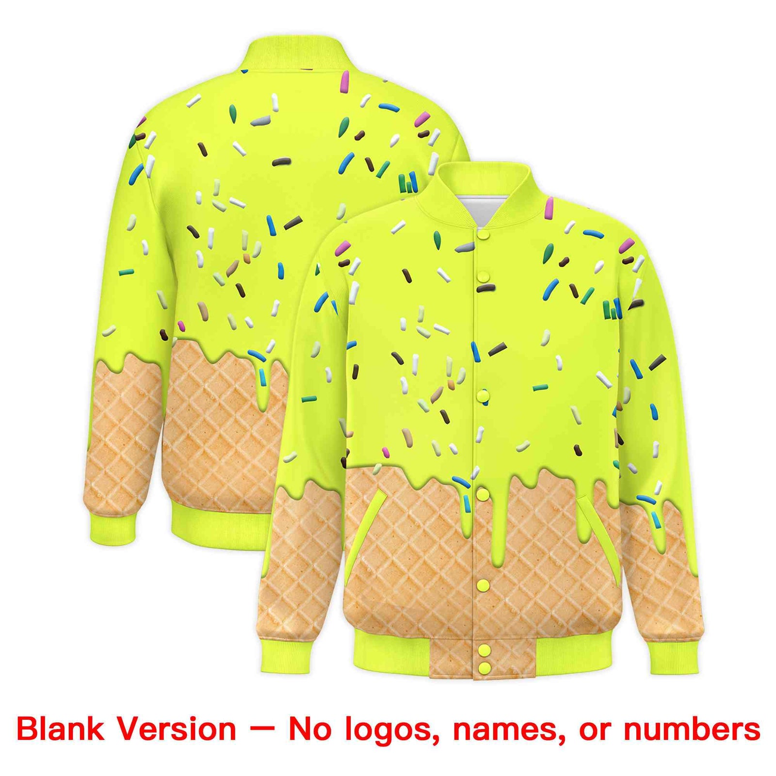 Custom Fluorescent Green Ice Cream Cone Graffiti Pattern Full-Snap Varsity Letterman Jackets