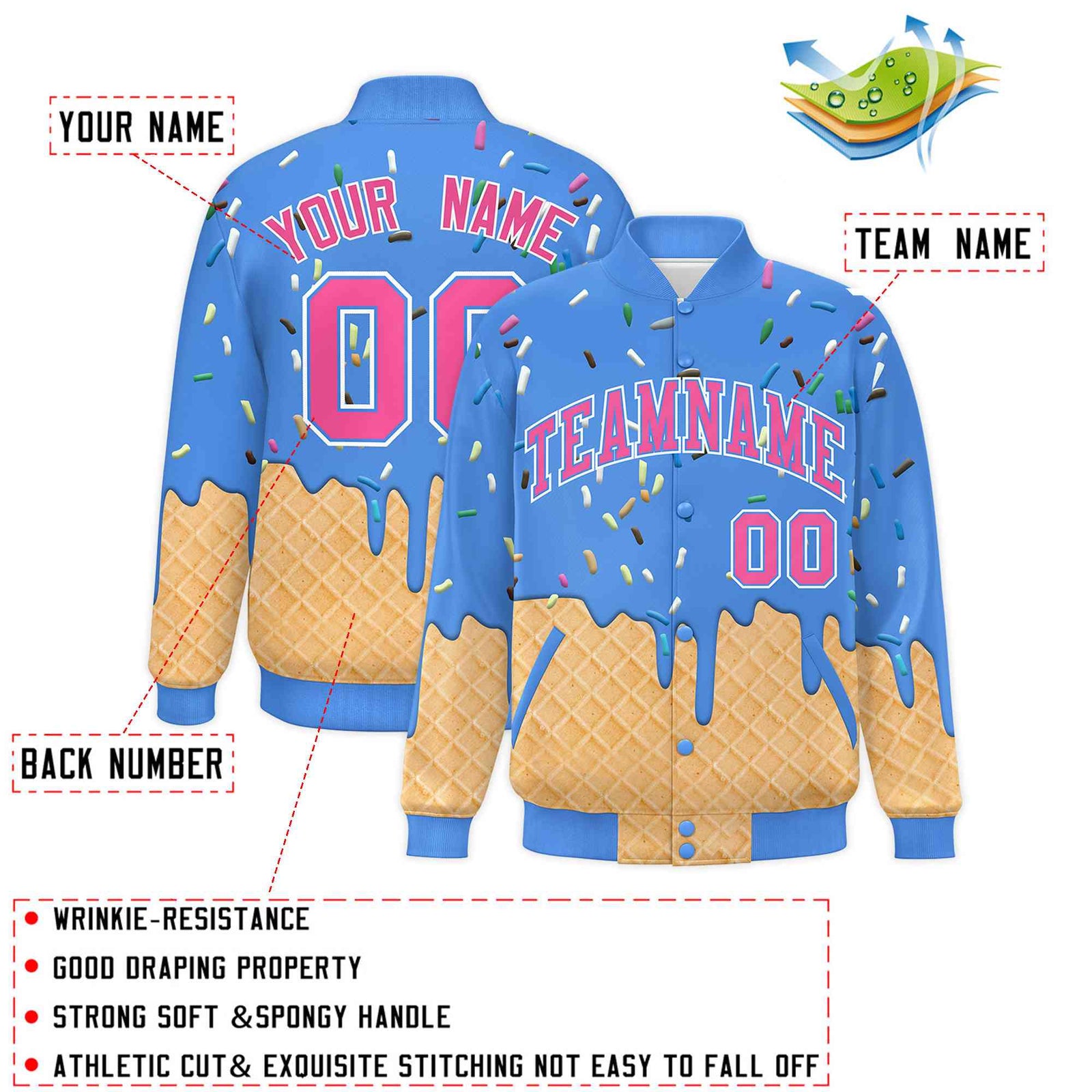Custom Powder Blue Ice Cream Cone Graffiti Pattern Full-Snap Varsity Letterman Jackets
