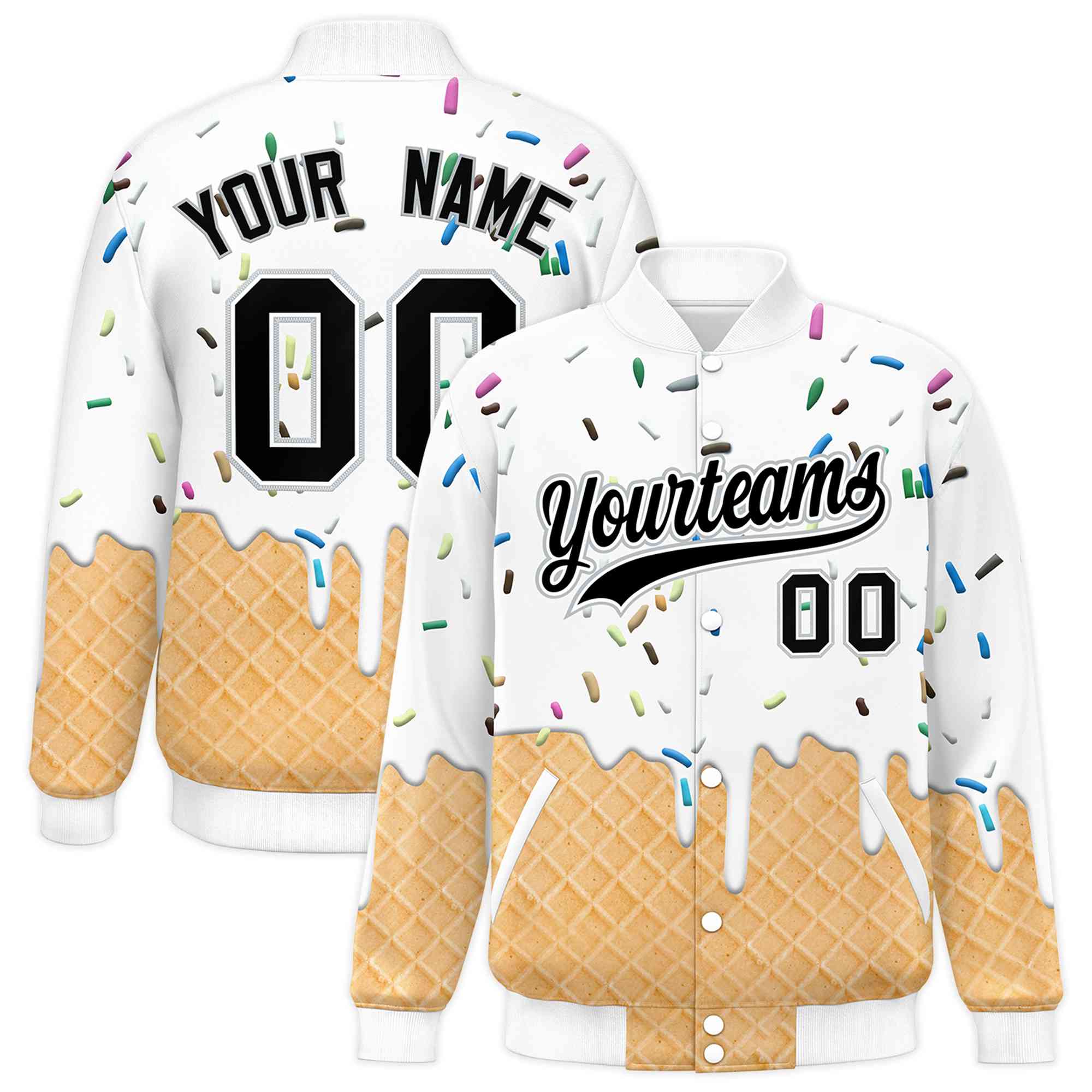 Custom White Ice Cream Cone Graffiti Pattern Full-Snap Varsity Letterman Jackets