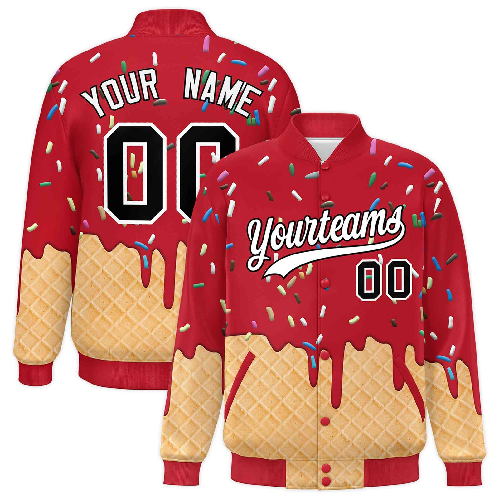 Custom Red Ice Cream Cone Graffiti Pattern Full-Snap Varsity Letterman Jackets