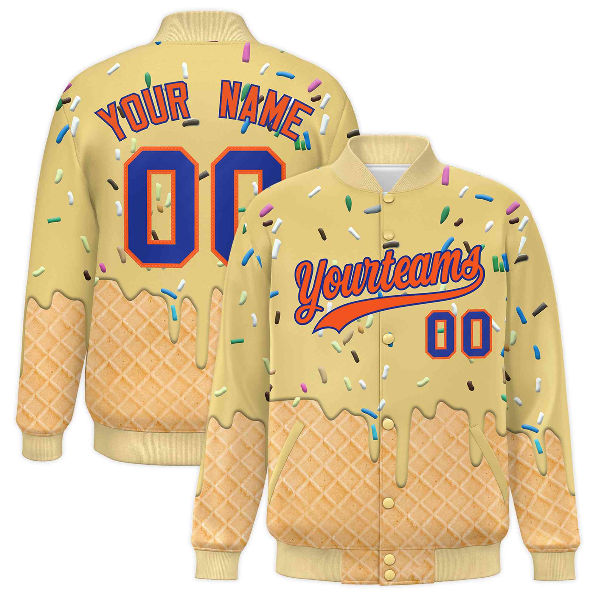 Custom Khaki Ice Cream Cone Graffiti Pattern Full-Snap Varsity Letterman Jackets