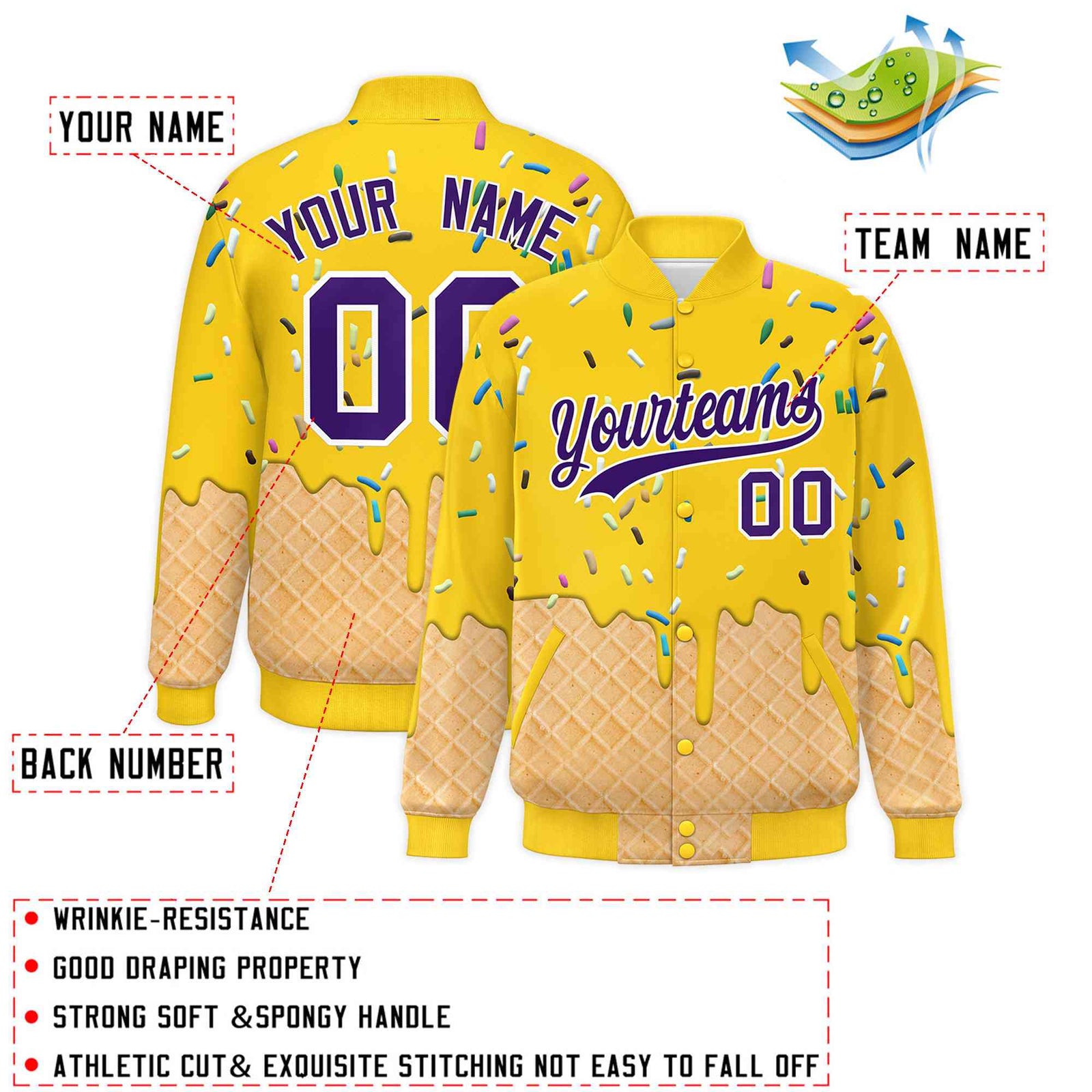 Custom Gold Ice Cream Cone Graffiti Pattern Full-Snap Varsity Letterman Jackets