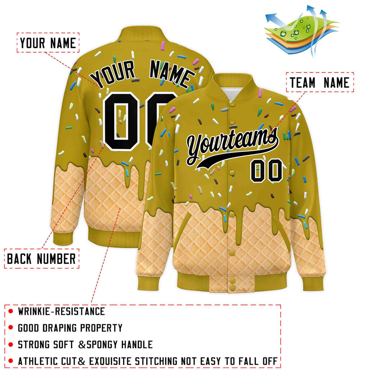 Custom Old Gold Ice Cream Cone Graffiti Pattern Full-Snap Varsity Letterman Jackets
