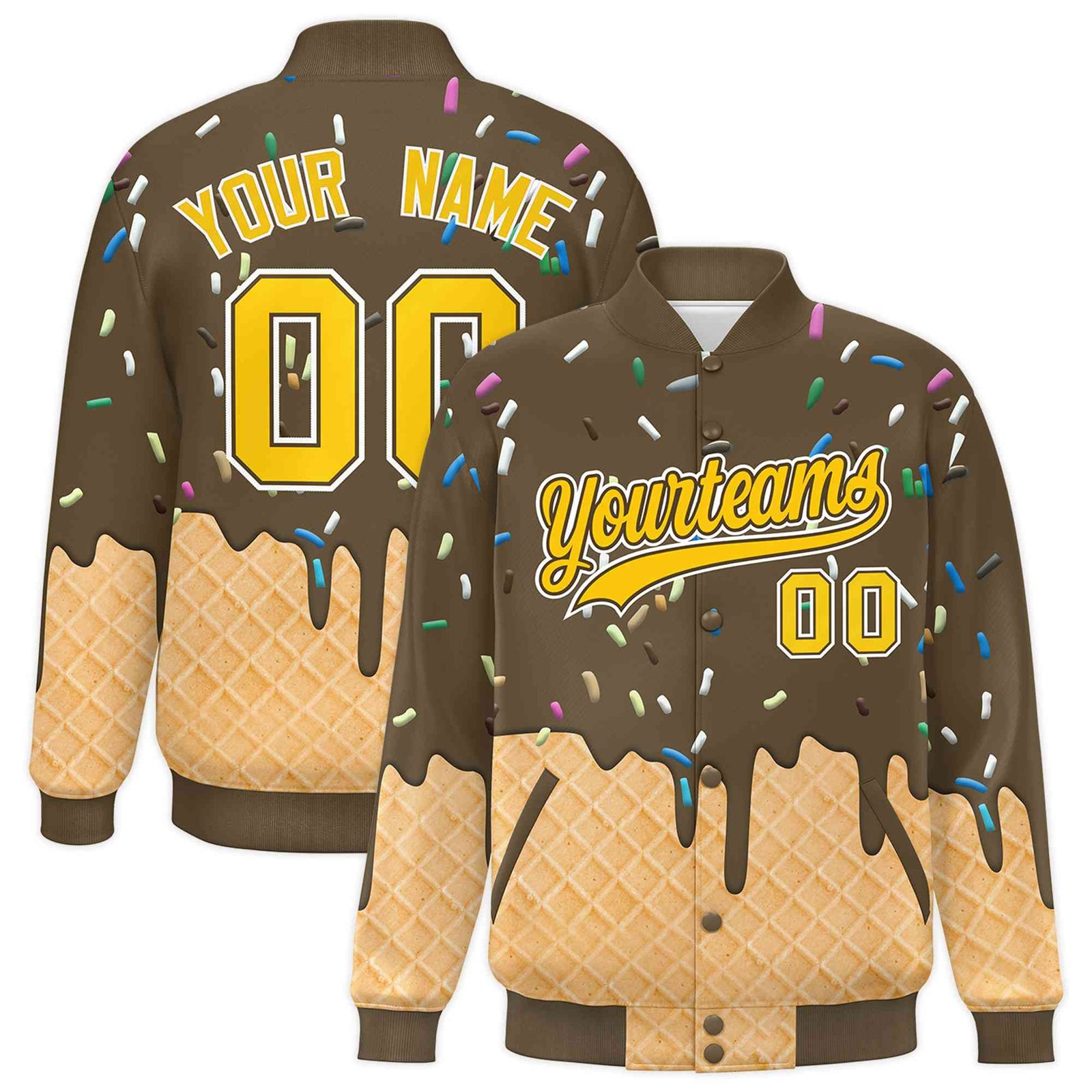Custom Light Brown Ice Cream Cone Graffiti Pattern Full-Snap Varsity Letterman Jackets