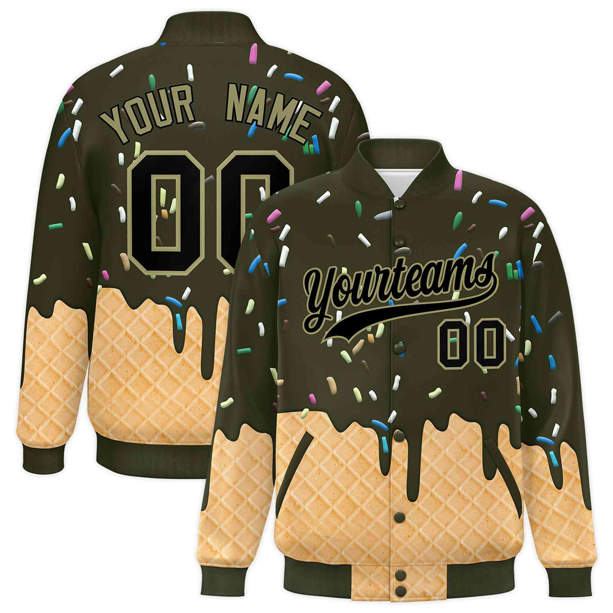 Custom Olive Ice Cream Cone Graffiti Pattern Full-Snap Varsity Letterman Jackets