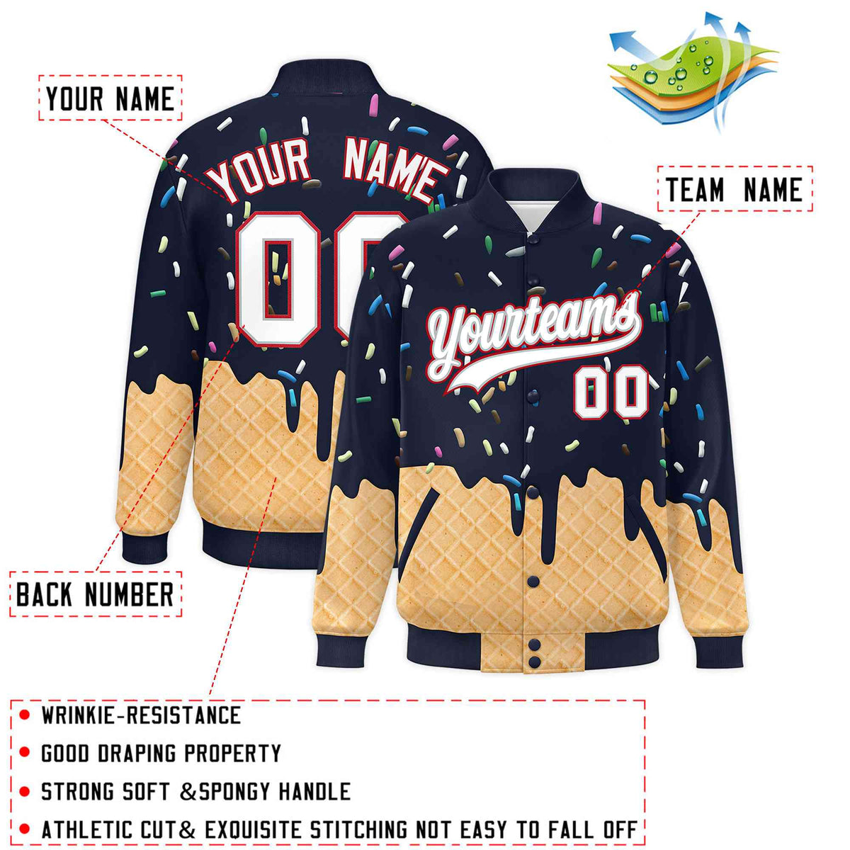 Custom Navy Ice Cream Cone Graffiti Pattern Full-Snap Varsity Letterman Jackets