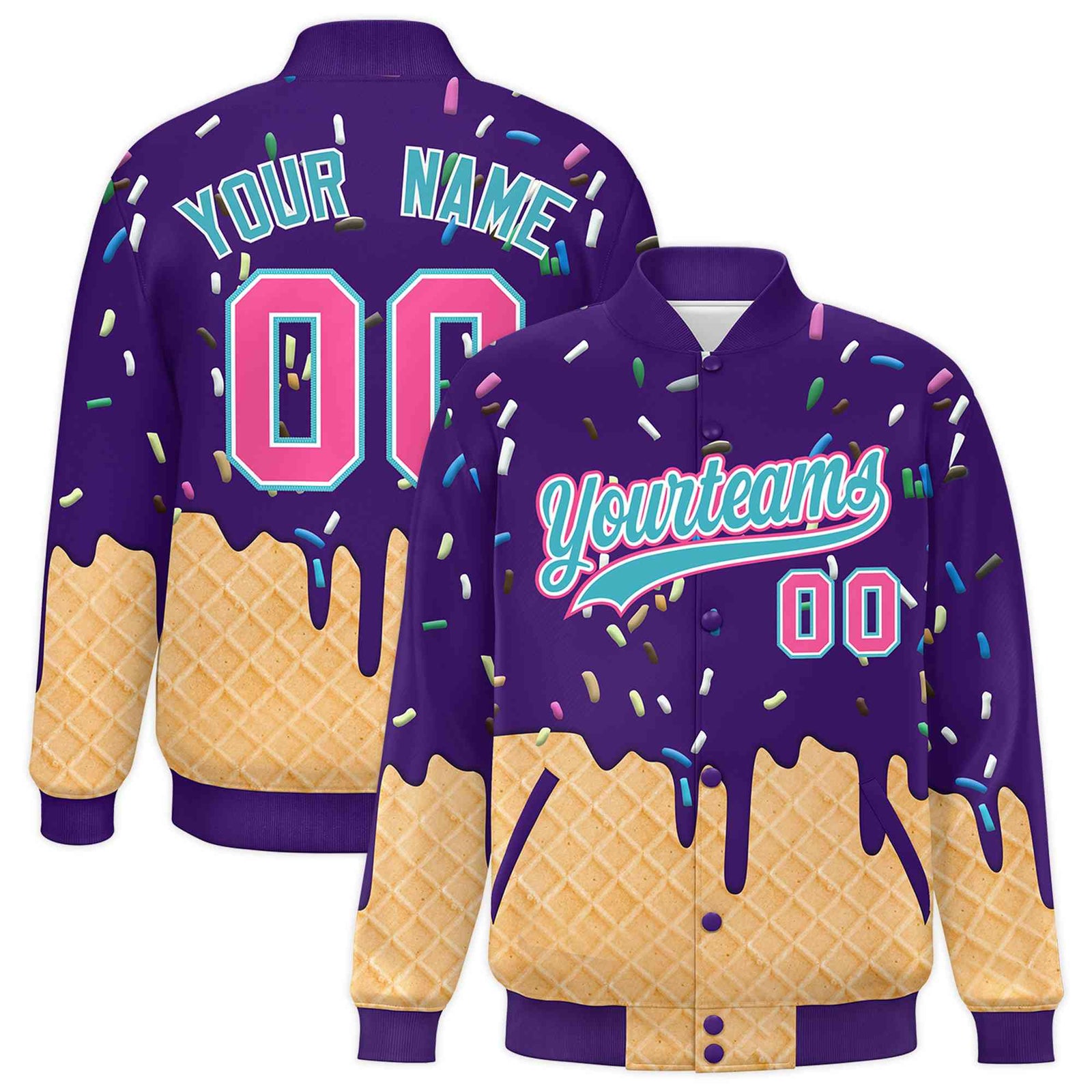 Custom Purple Ice Cream Cone Graffiti Pattern Full-Snap Varsity Letterman Jackets