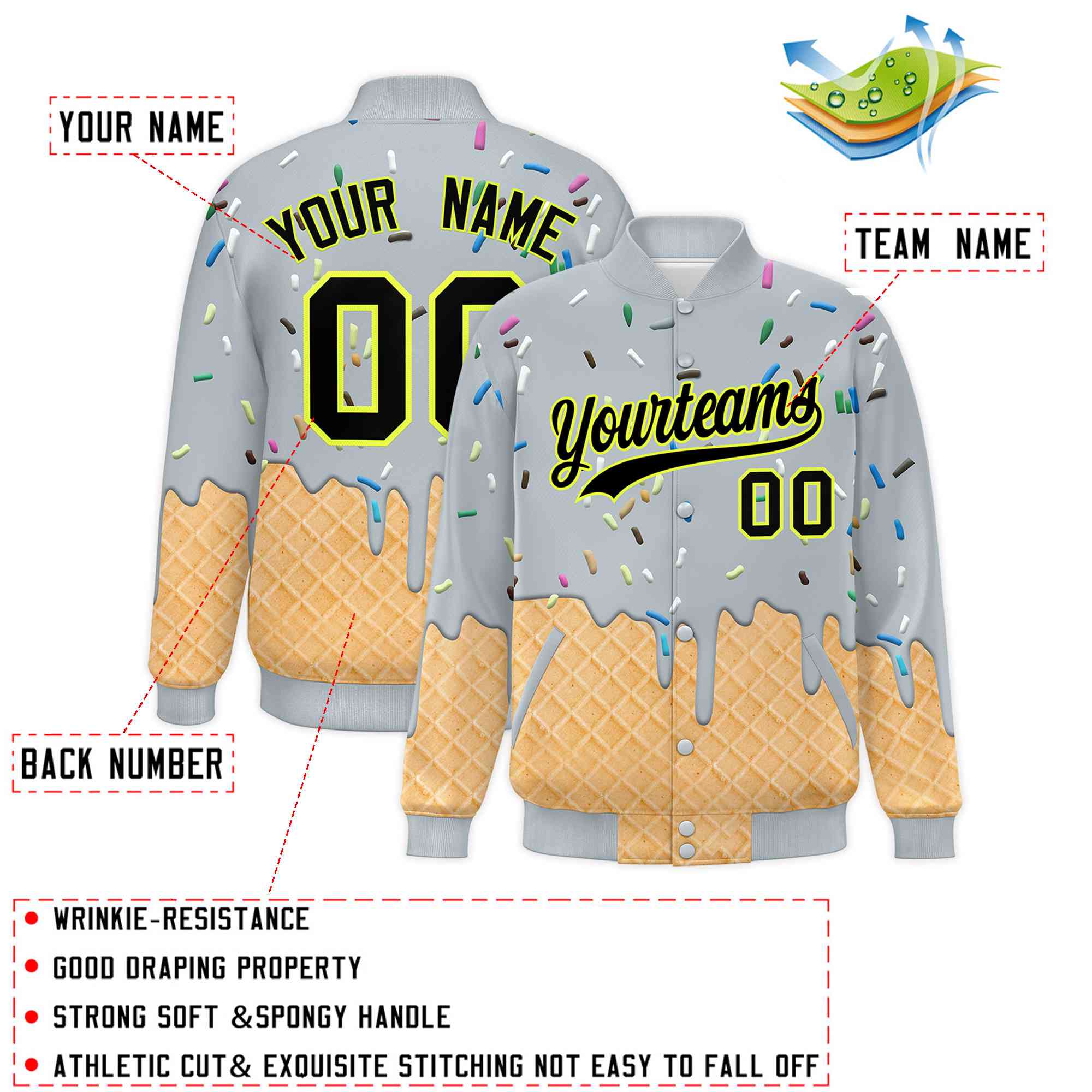 Custom Silver Ice Cream Cone Graffiti Pattern Full-Snap Varsity Letterman Jackets