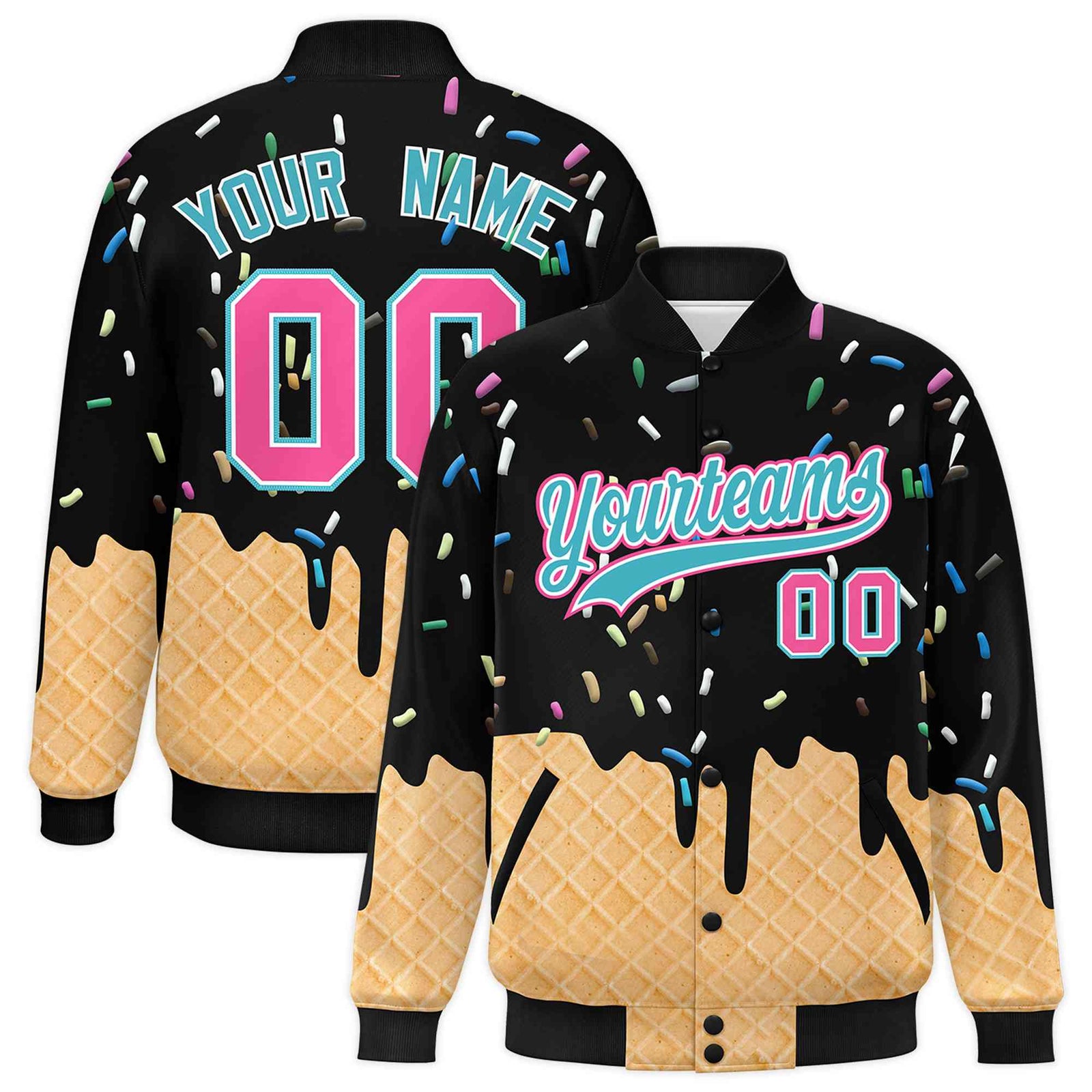 Custom Black Ice Cream Cone Graffiti Pattern Full-Snap Varsity Letterman Jackets