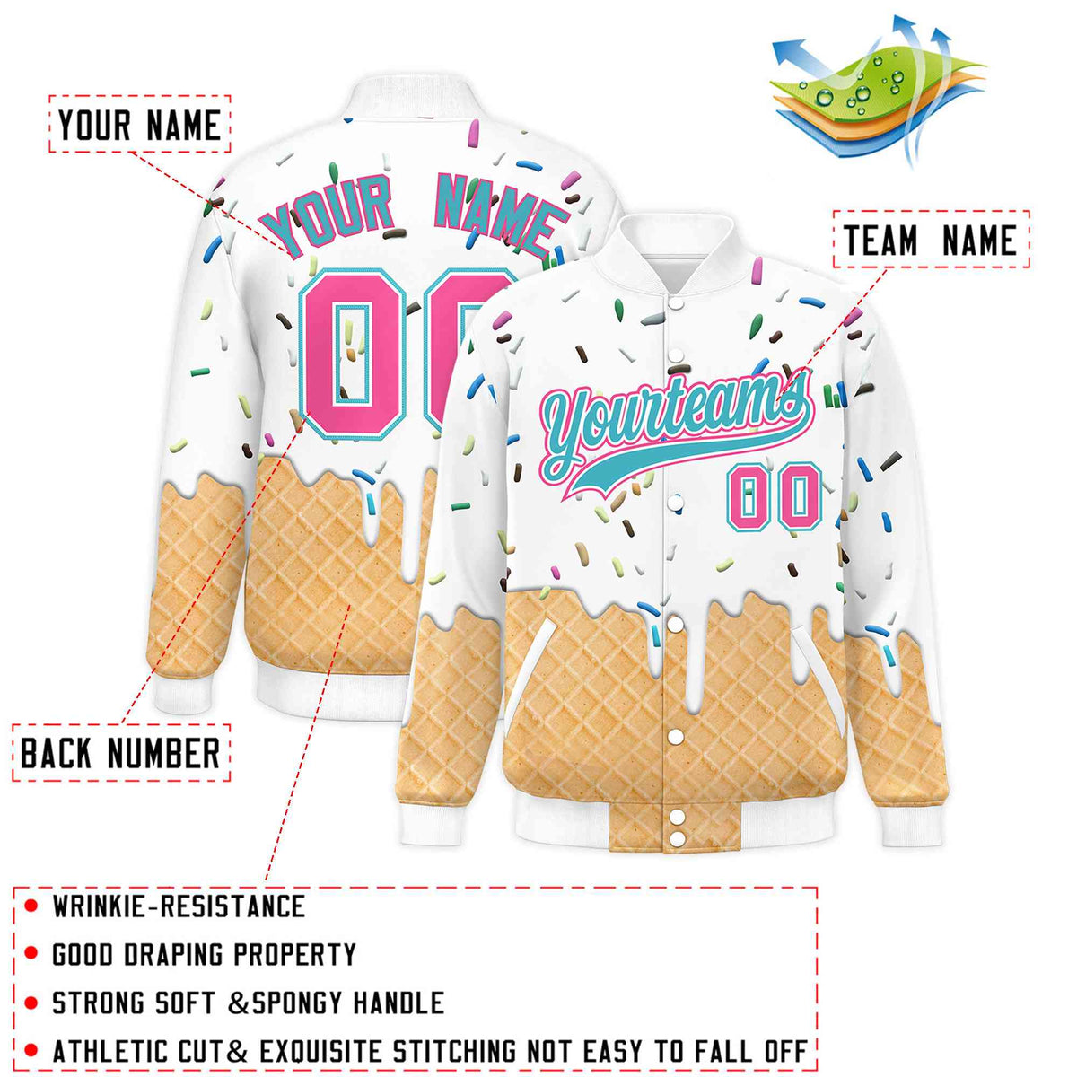 Custom White Ice Cream Cone Graffiti Pattern Full-Snap Varsity Letterman Jackets
