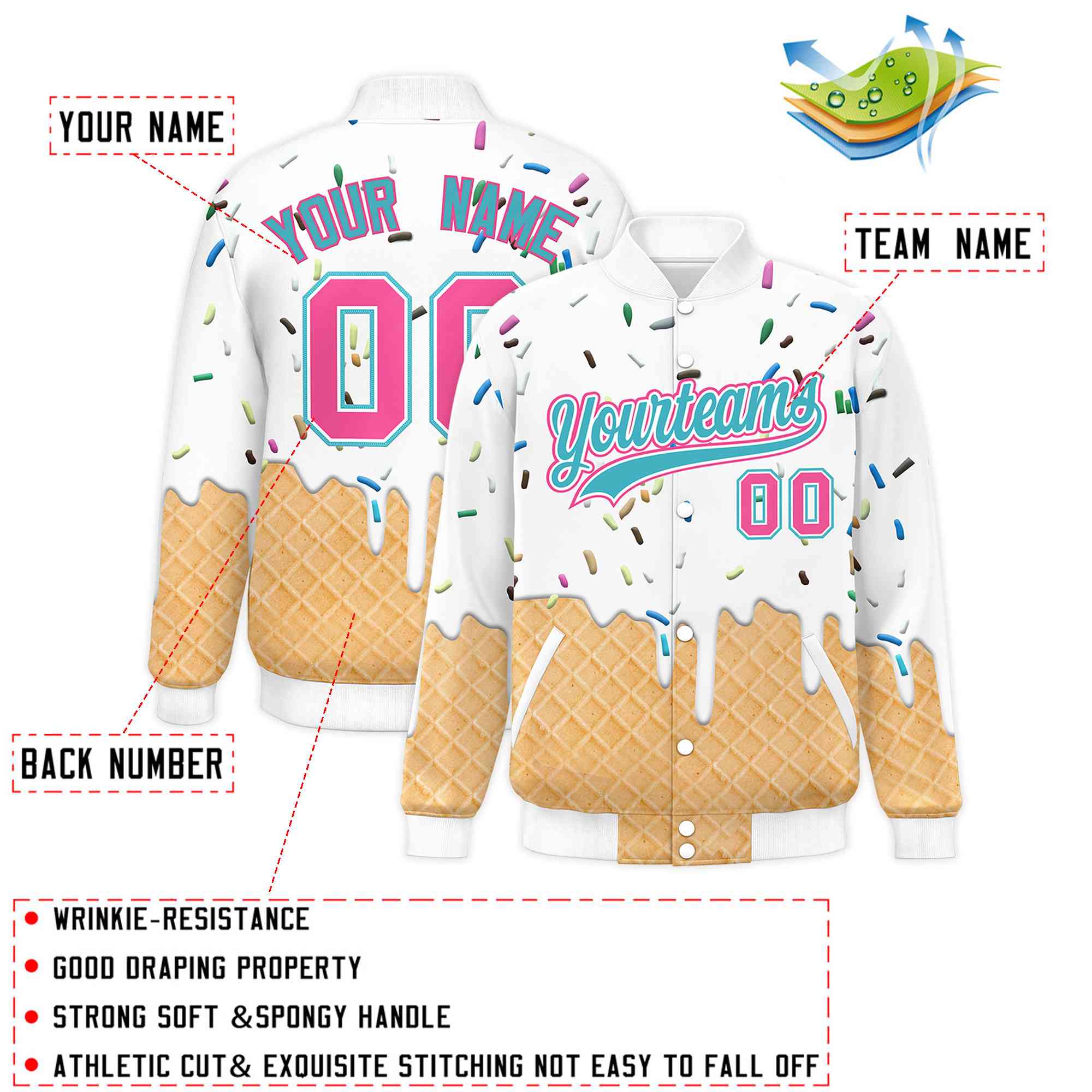 Custom White Ice Cream Cone Graffiti Pattern Full-Snap Varsity Letterman Jackets