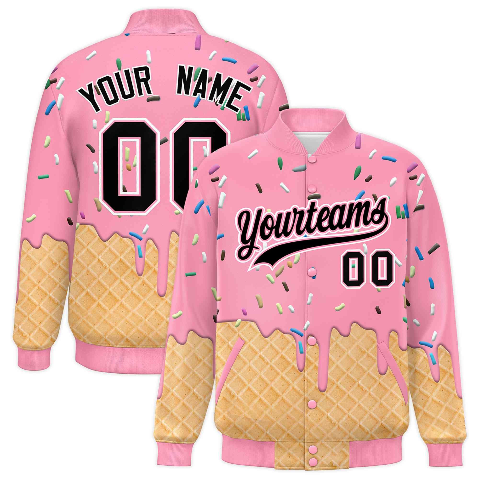 Custom Light Pink Ice Cream Cone Graffiti Pattern Full-Snap Varsity Letterman Jackets
