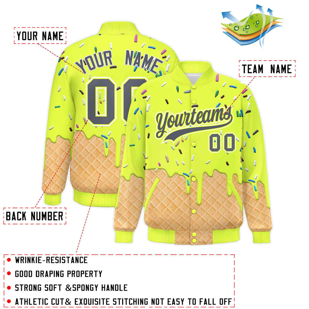 Custom Fluorescent Green Ice Cream Cone Graffiti Pattern Full-Snap Varsity Letterman Jackets