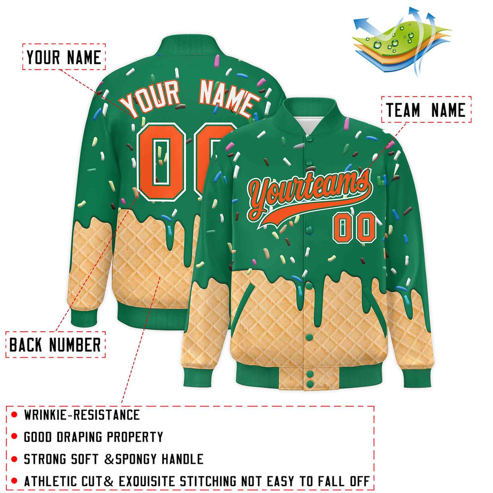 Custom Kelly Green Ice Cream Cone Graffiti Pattern Full-Snap Varsity Letterman Jackets