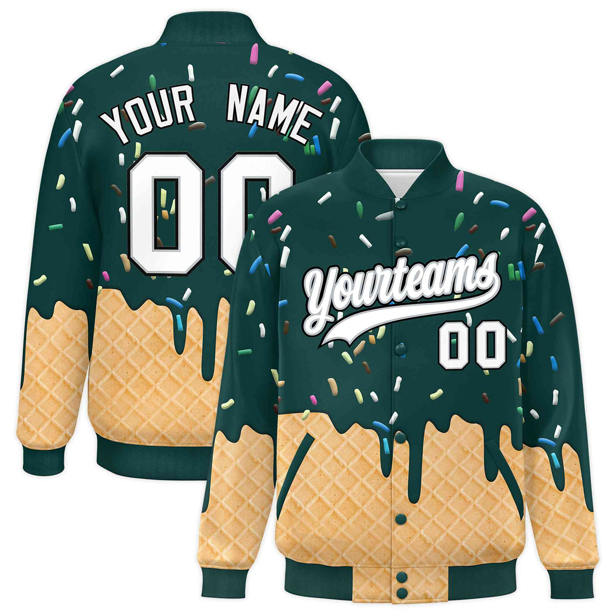 Custom Midnight Green Ice Cream Cone Graffiti Pattern Full-Snap Varsity Letterman Jackets