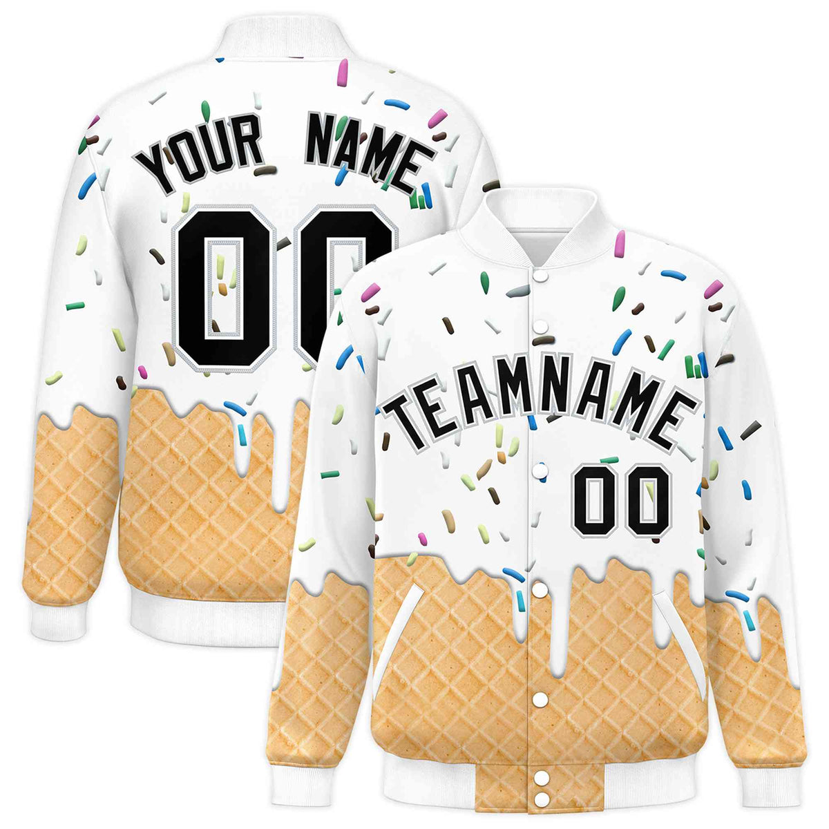 Custom White Ice Cream Cone Graffiti Pattern Full-Snap Varsity Letterman Jackets